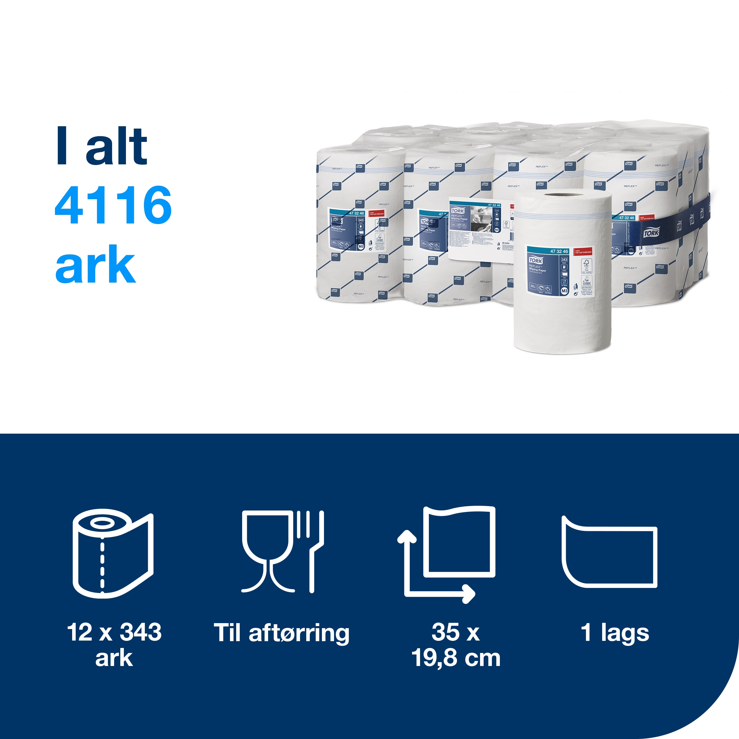 Aftørringsrulle, Centertræk, 1 lag, 12 ruller, Tork Reflex M3