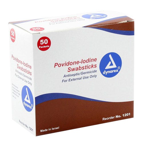 Povidone Iodine Swabsticks, 1/Pack, 50 Packets/Box