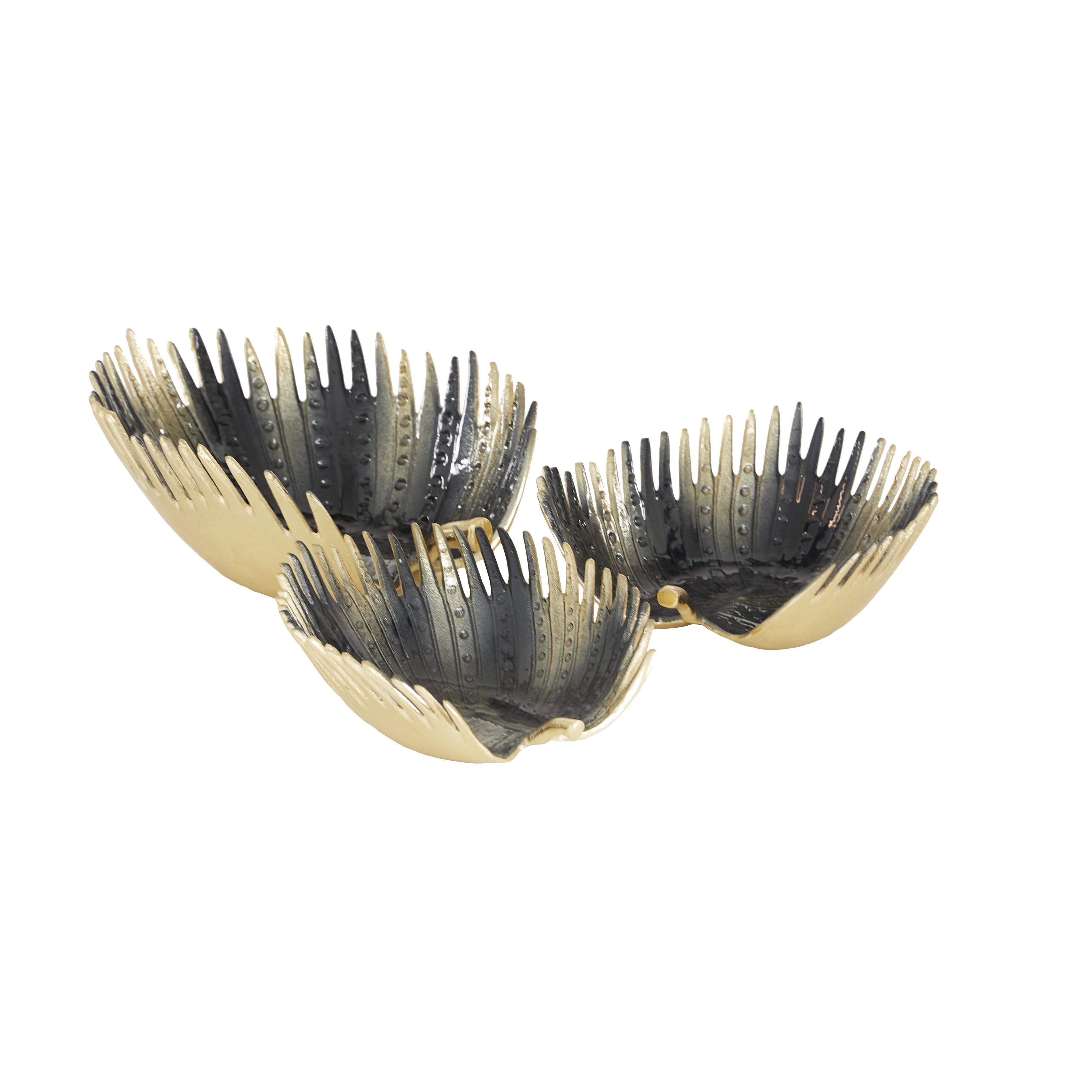 Gold Aluminum Metal Leaf Decorative Bowl, Set of 3 13", 11", 10"W