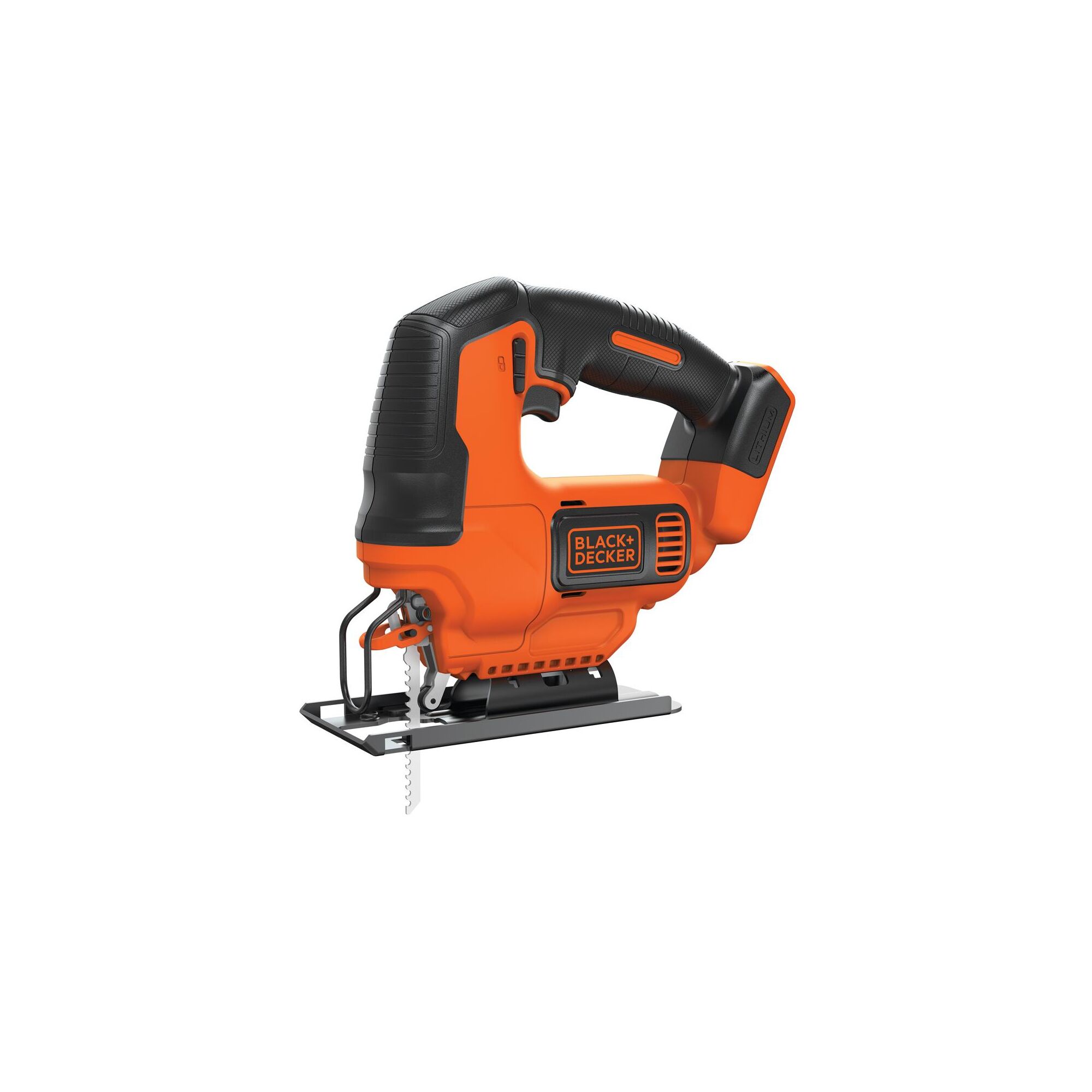 Profile of 20 volt cordless jigsaw, tool only