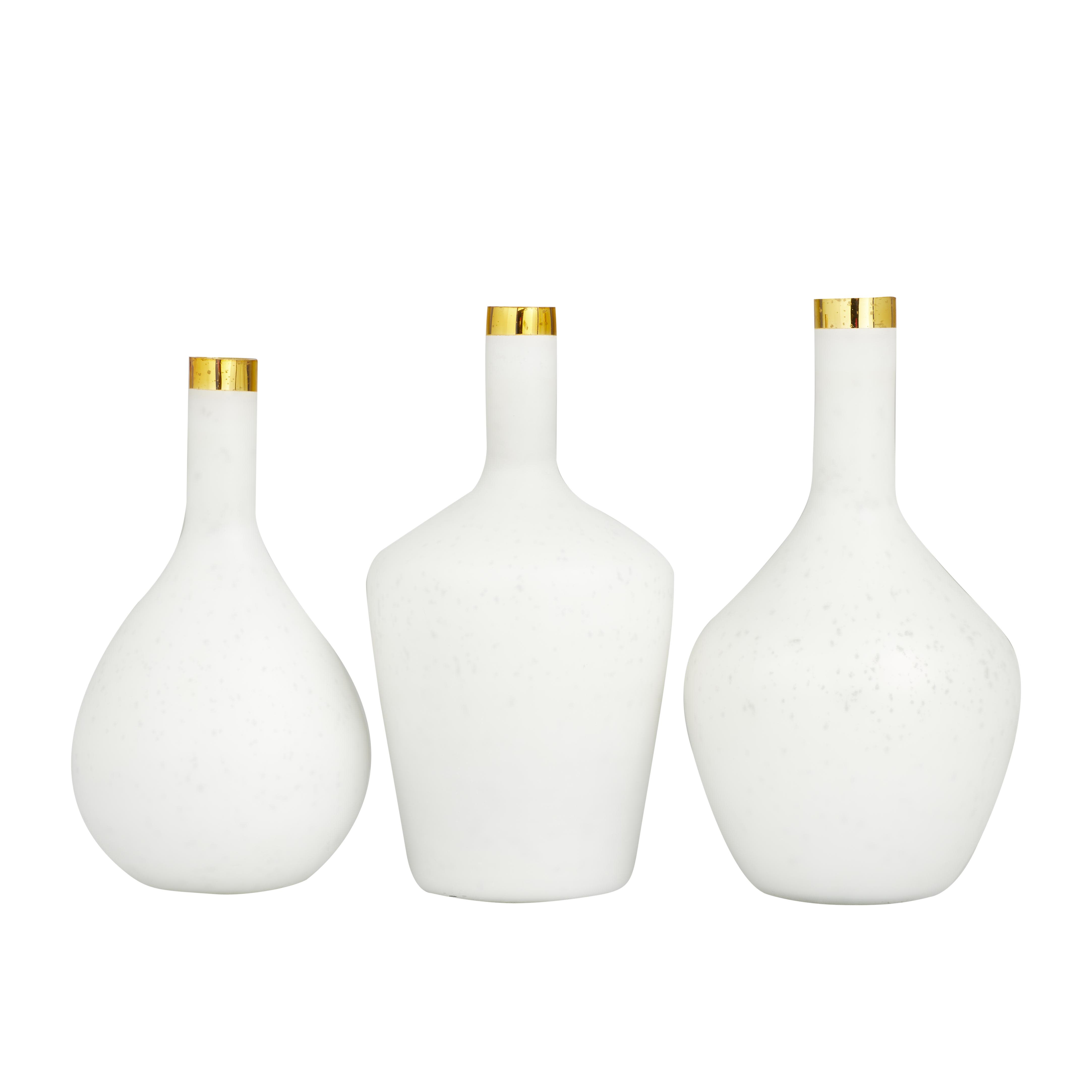White Glass  Decorative Vase with Gold Rim, Set of 3 13", 14", 13"H
