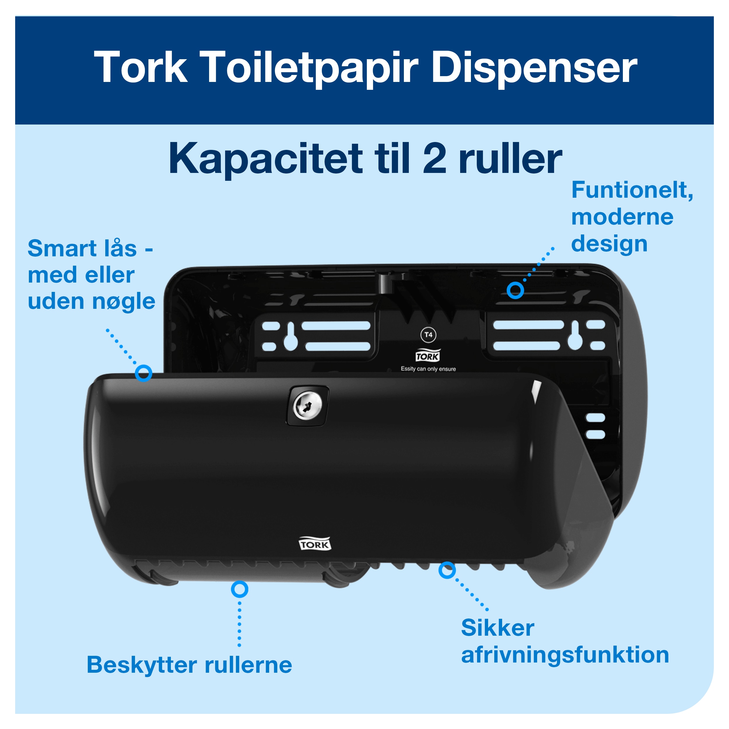 Toiletpapirdispenser, Til 2 ruller, Udvendig oprulning, Sort, Tork Twin T4