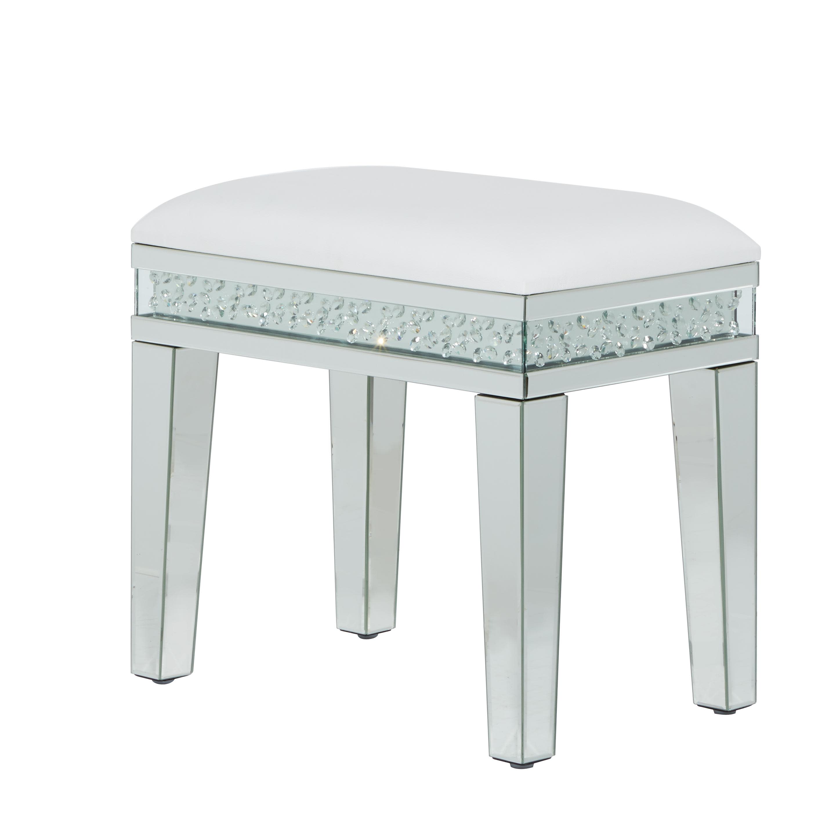 Silver Glass  Mirrored Stool with Upholstered Seat, 22" x 15" x 21"