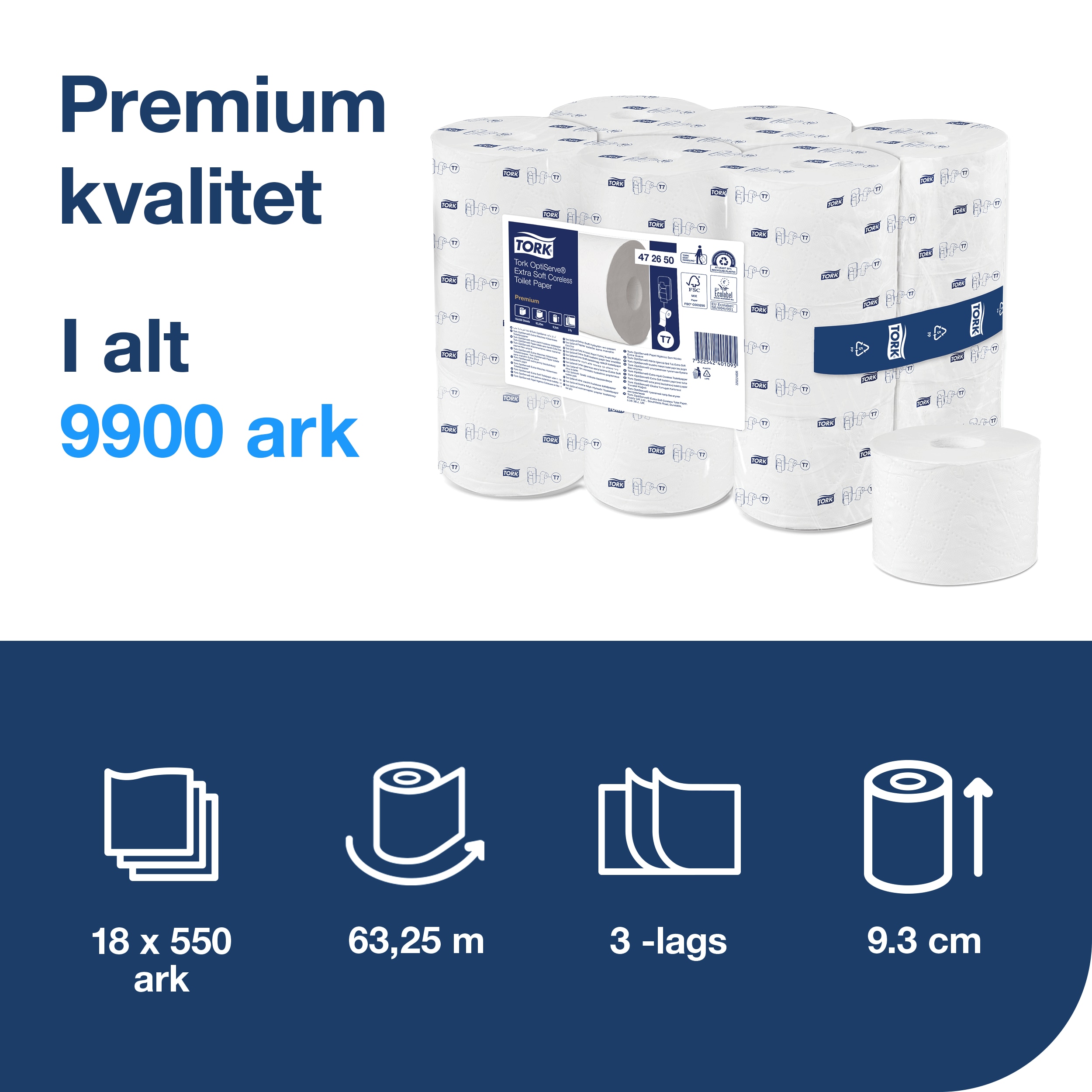 Toiletpapir, Udvendig oprulning, 3 lag, 18 ruller, OptiServe T7