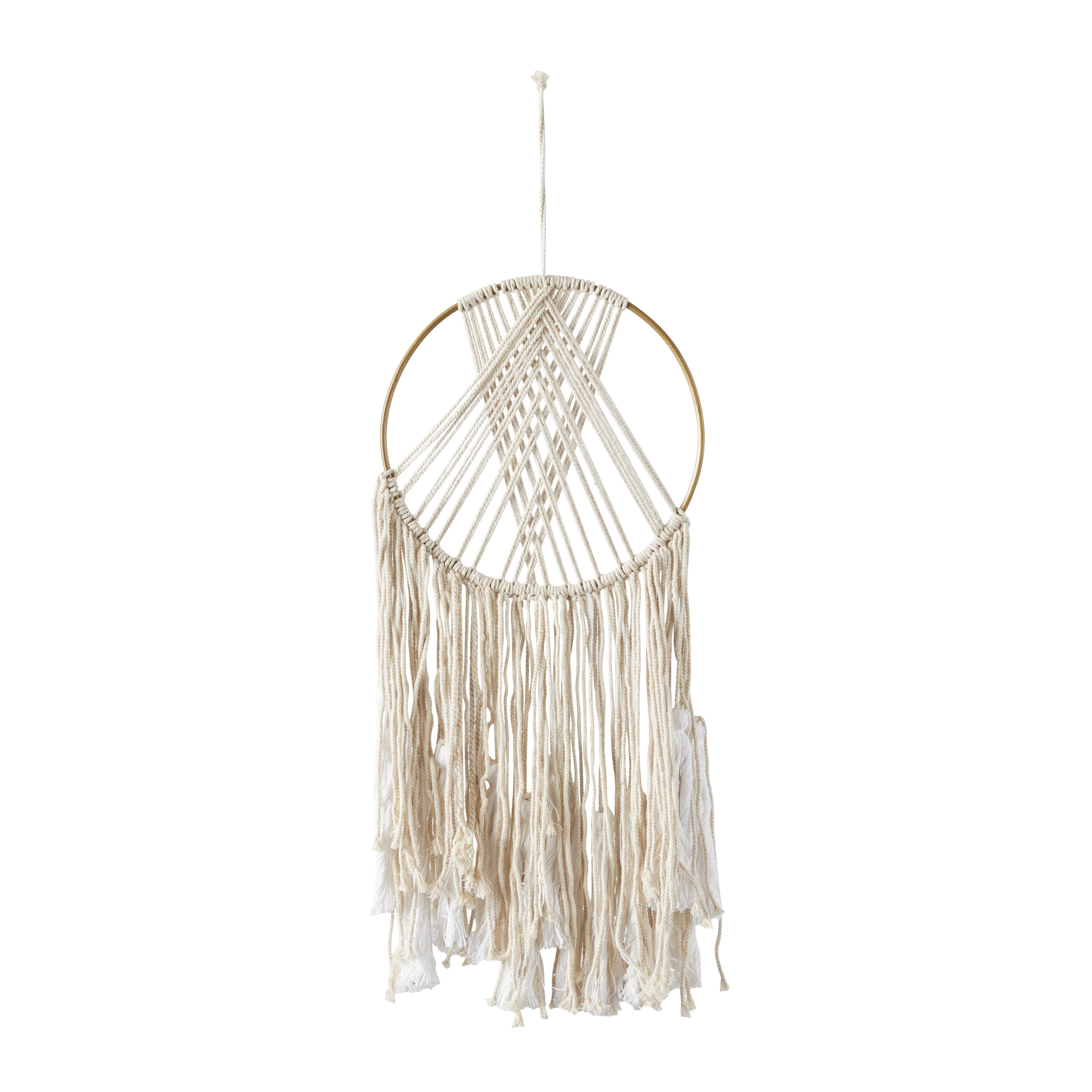 Cream Wool Fabric Macrame Handmade Intricately Weaved Wall Decor with Beaded Fringe Tassels, 14" x 2" x 29"