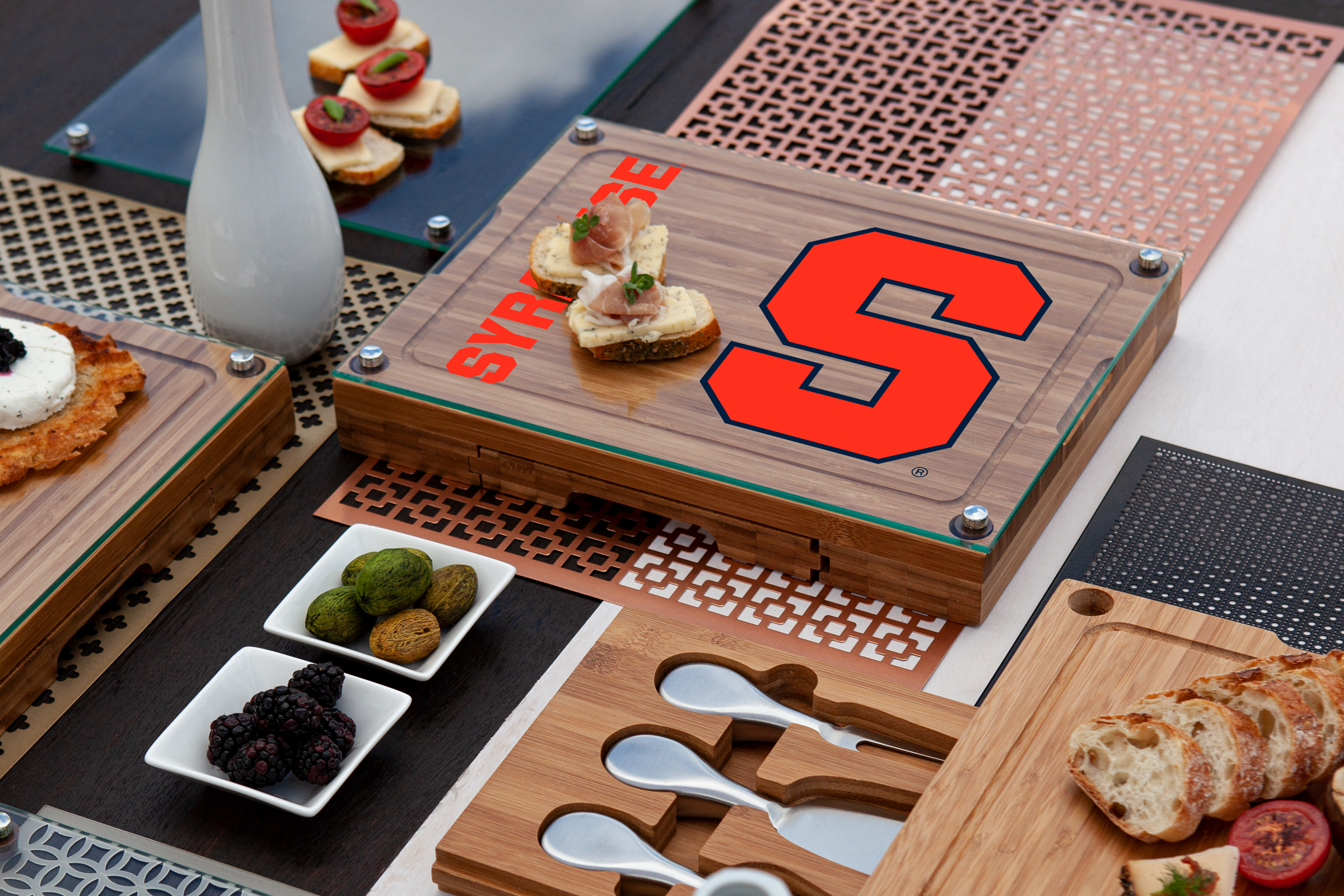 Syracuse Orange - Concerto Glass Top Cheese Cutting Board & Tools Set