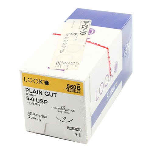 Plain Gut Suture, 5-0, C-6, Reverse Cutting, 27" - 12/Box