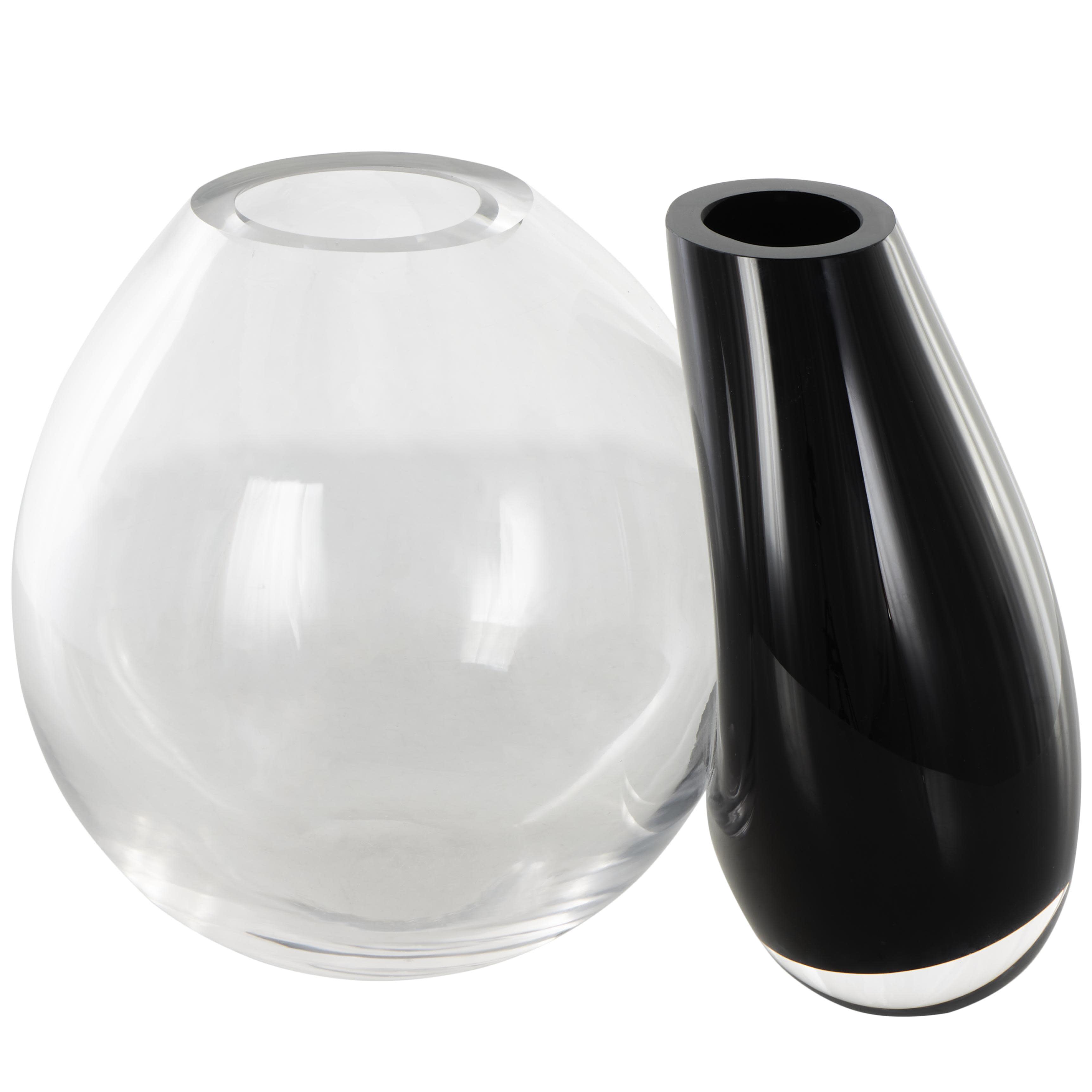 Black Recycled Glass Abstract Handmade Rounded 2 Opening 2 Opening Decorative Vase with Clear Glass Accent, 13" x 9" x 10"