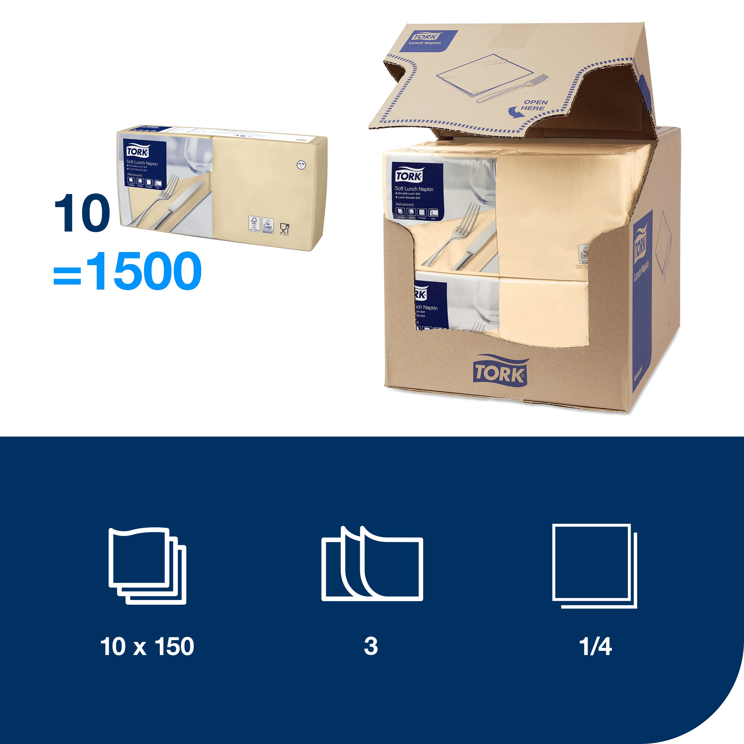 Servietter, 3 lag, Sand, 33x33 cm, 1500 stk, Tork Advanced