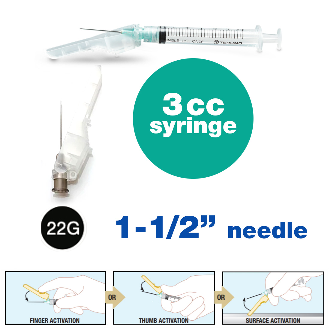 SurGuard® 3 Safety Hypodermic Needle, 3CC Syringe with 22G x 1 1/2" Needle - 100/Box