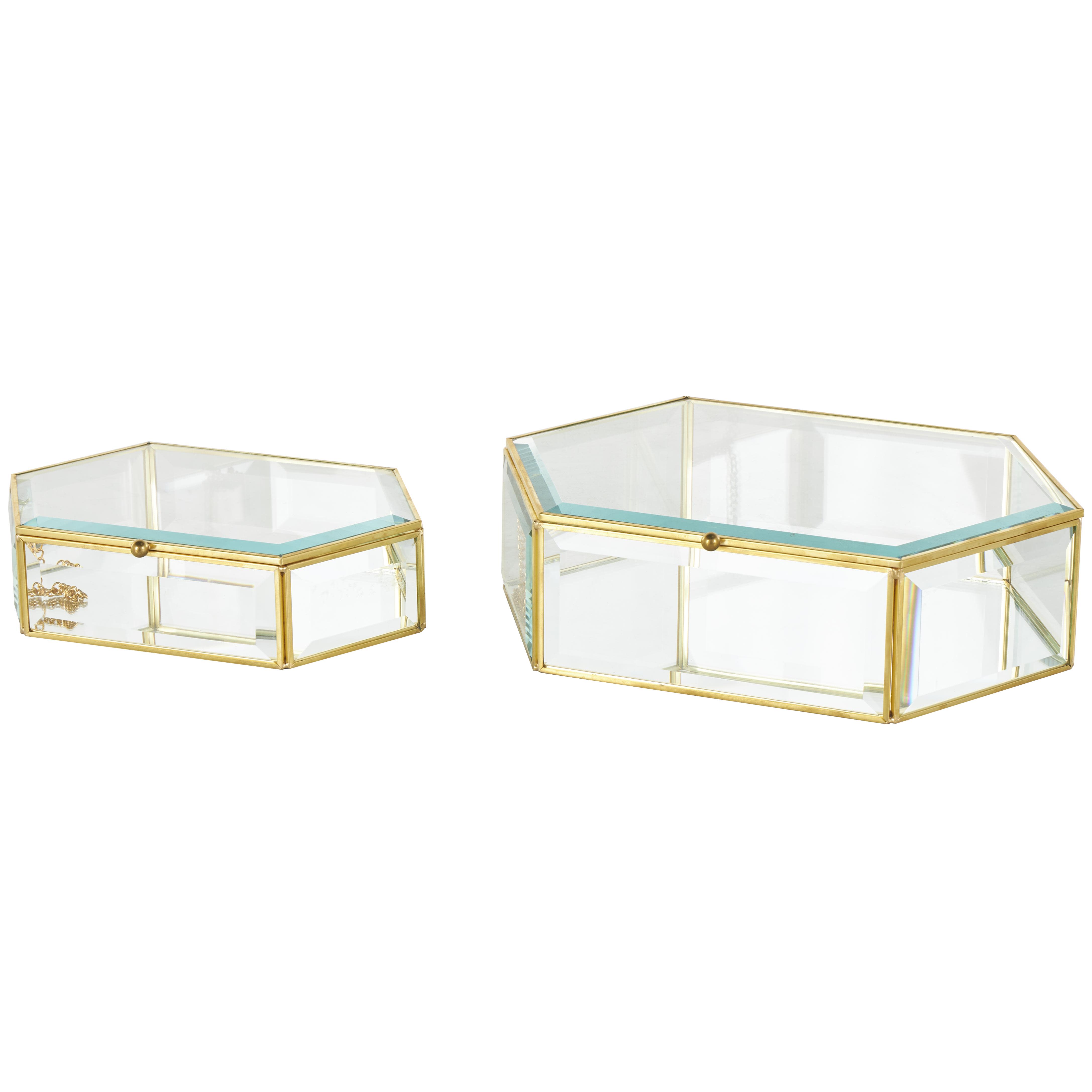 Clear Glass Geometric Beveled Hexagon Decorative Jewelry Box with Gold Metal Frame and Chain Accent, Set of 2 10", 8"W