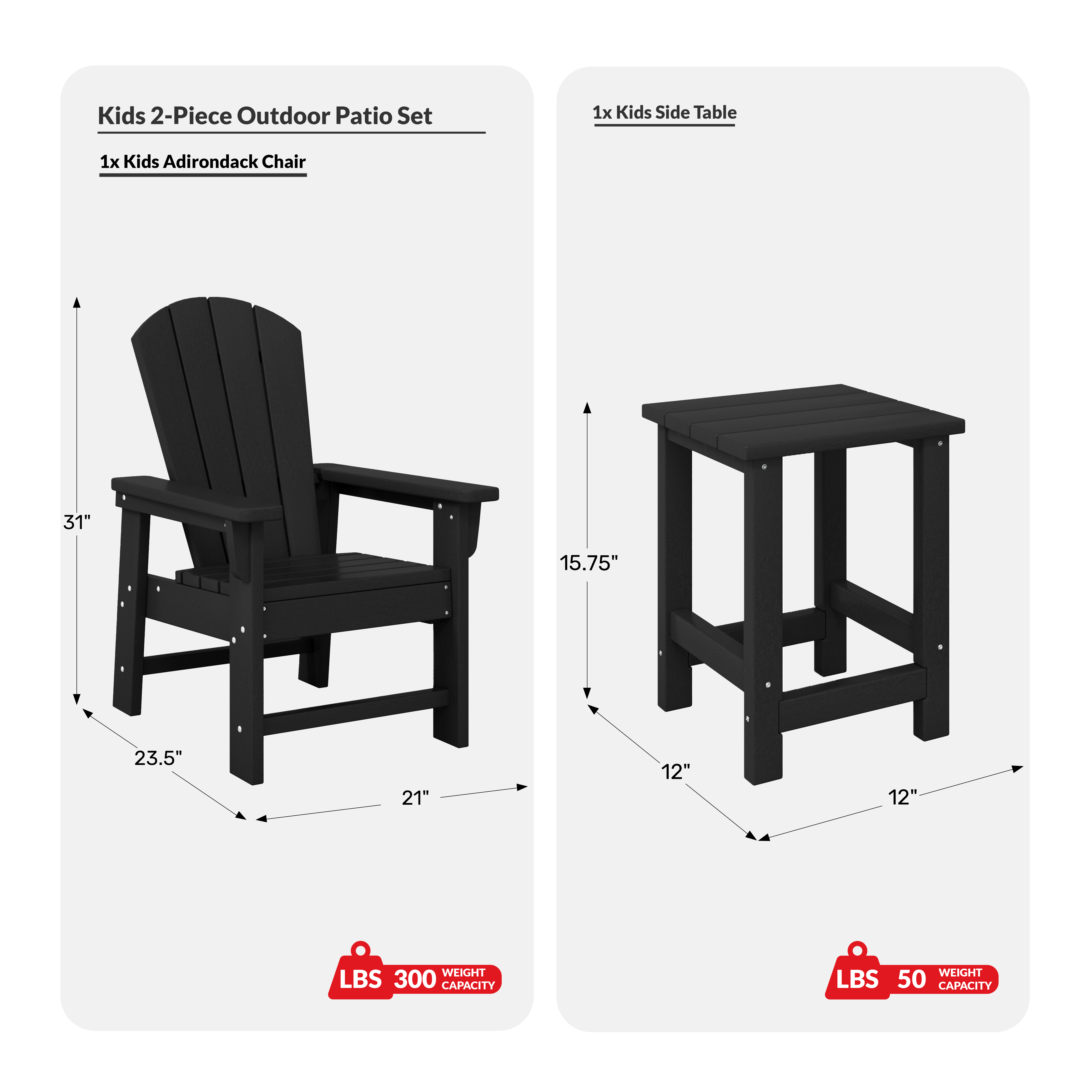 2-Piece Kids Outdoor HDPE Adirondack Chair With Square Side Table SetCOS Spec Image
