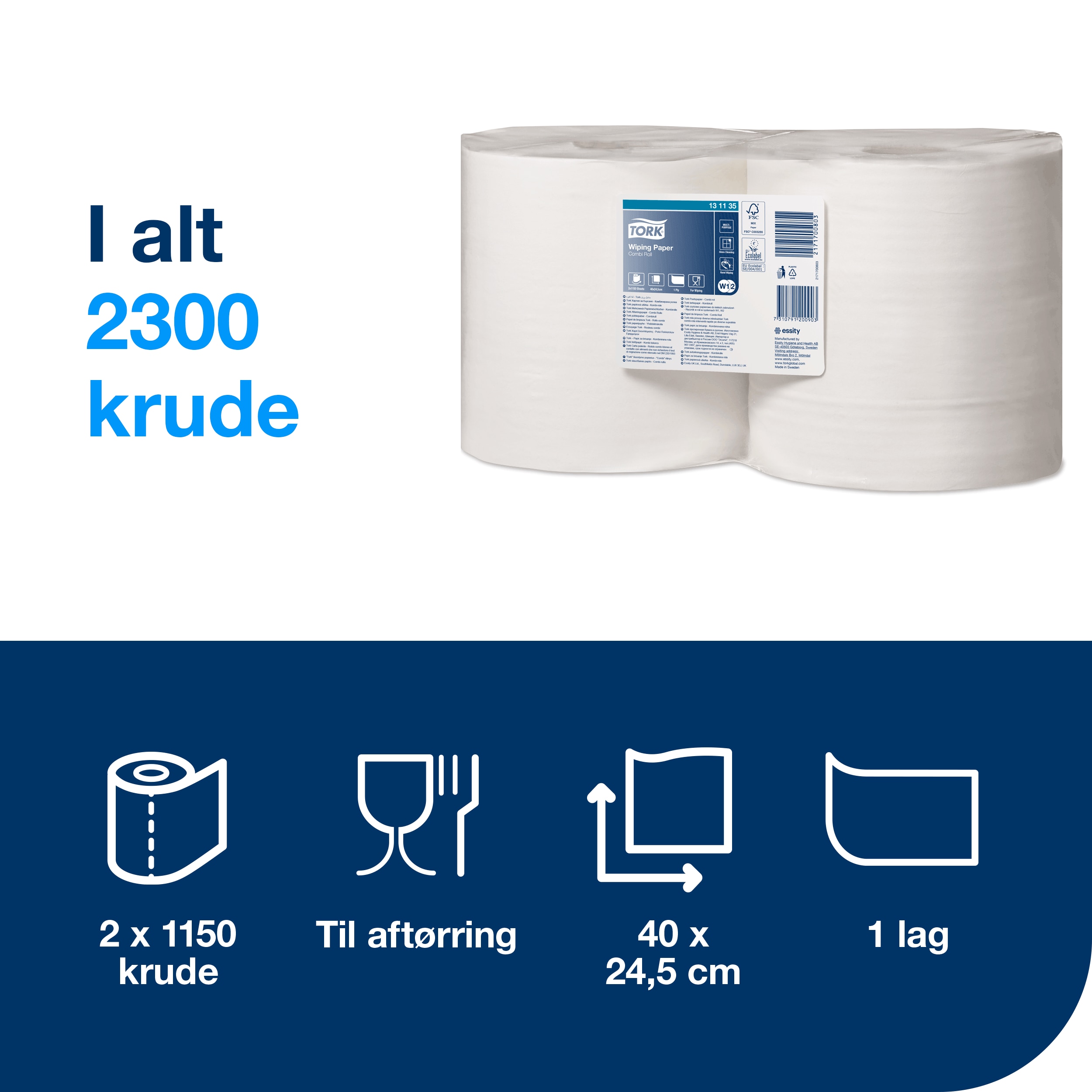 Aftørringsrulle, Udvendig oprulning og centertræk, 1 lag, 2 ruller, Tork Standard W1/W2