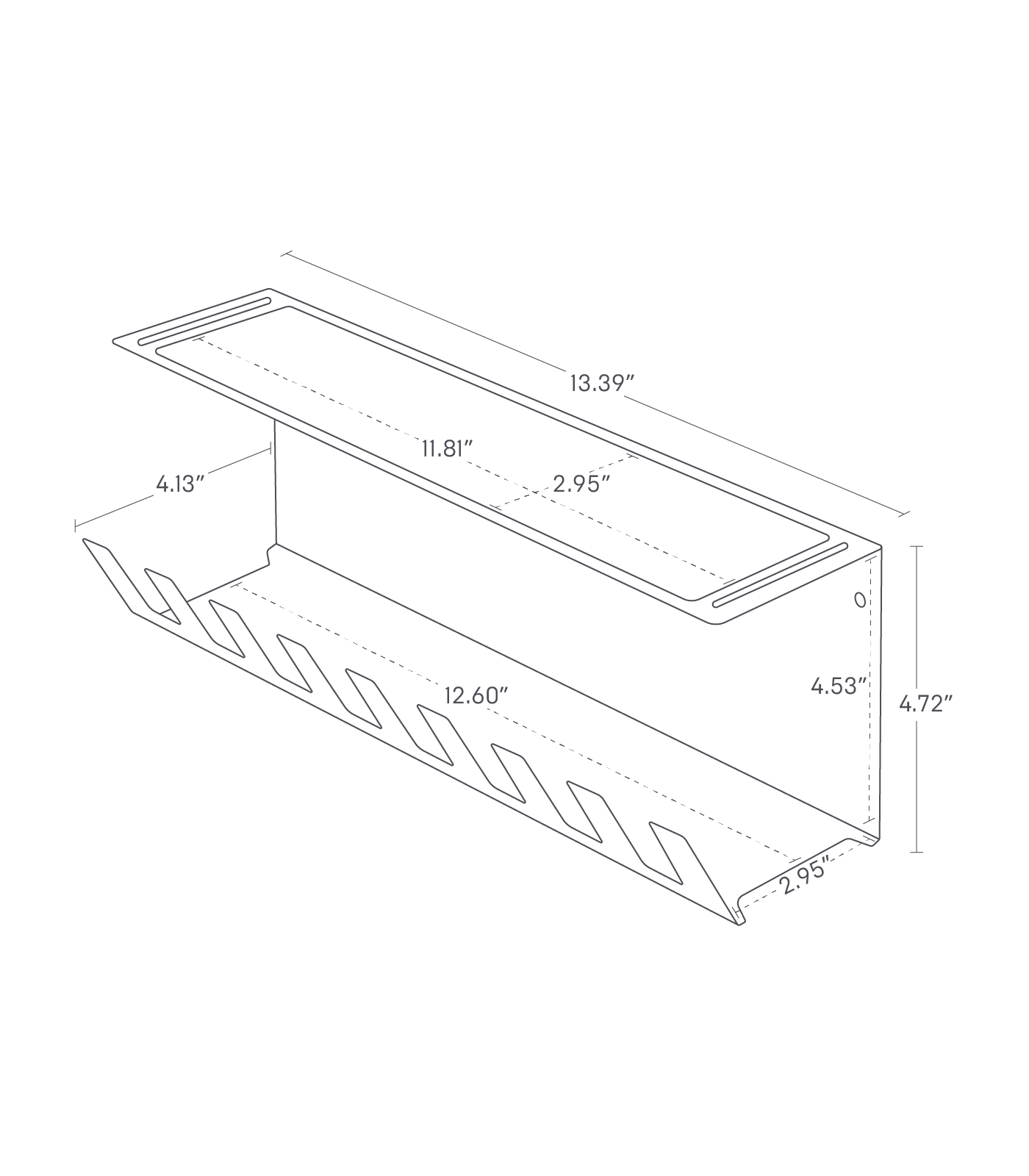 TOWER Under-Desk Cable Organizer. 13.39 inches long, 4.72 inches tall, 4.13 inches wide.