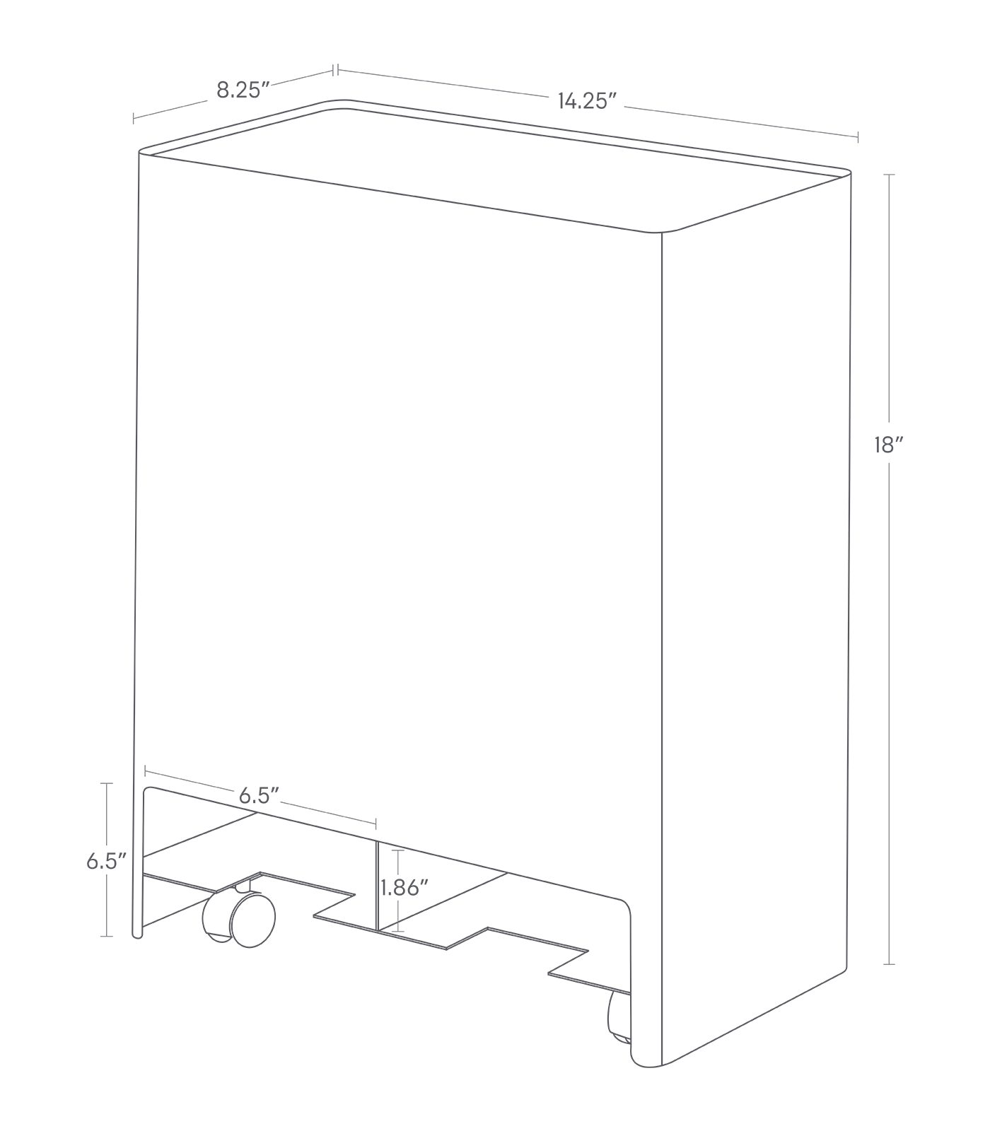 Dimension image for Rolling Diaper Stacker showing a total length of 14.25", width of 8.25" and height of 18". Floor to compartment length of 6.5". Opening is 6.5" by 1.86".