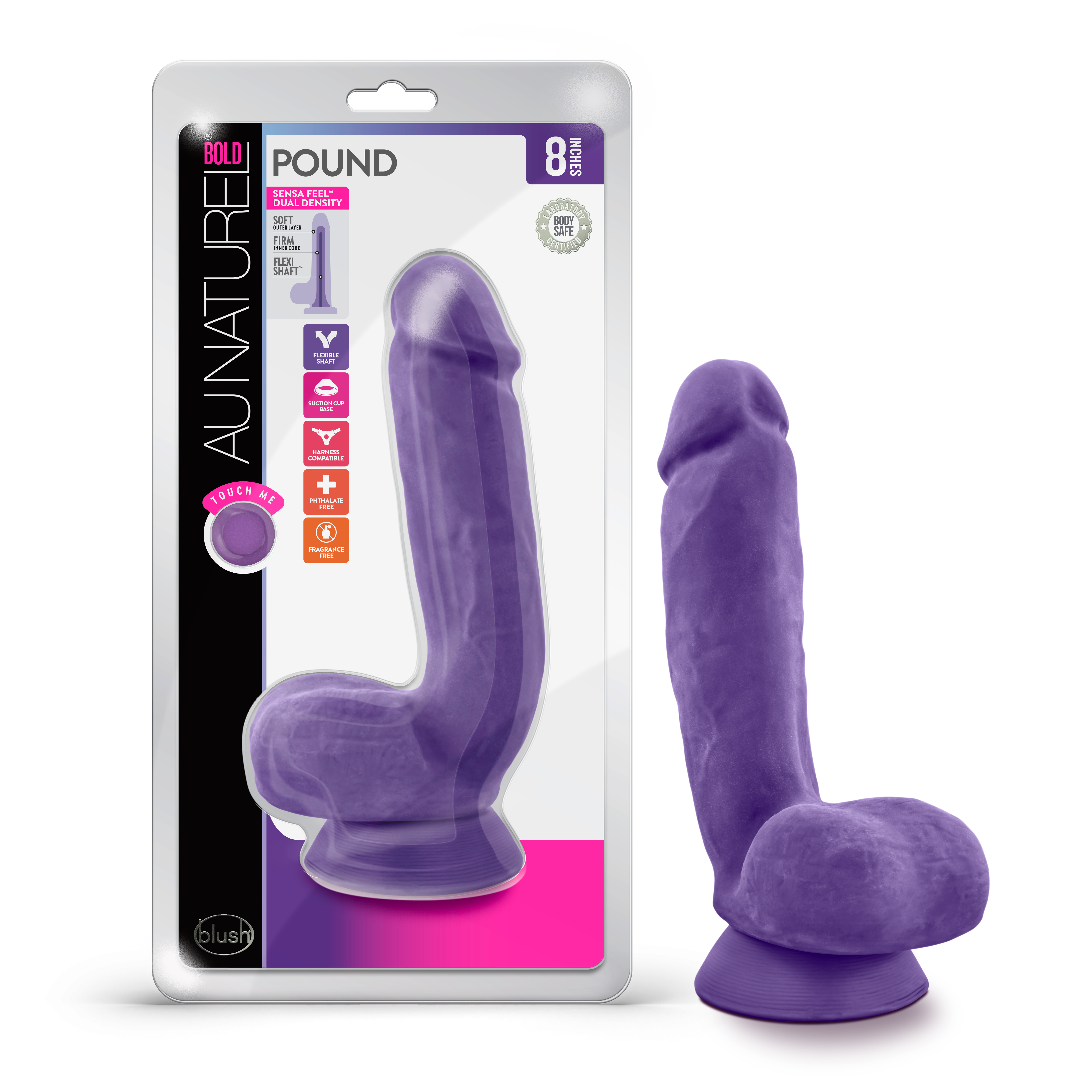 Blush Au Naturel Bold Pound Realistic Purple 8.5-Inch Long Dildo With Balls & Suction Cup Base