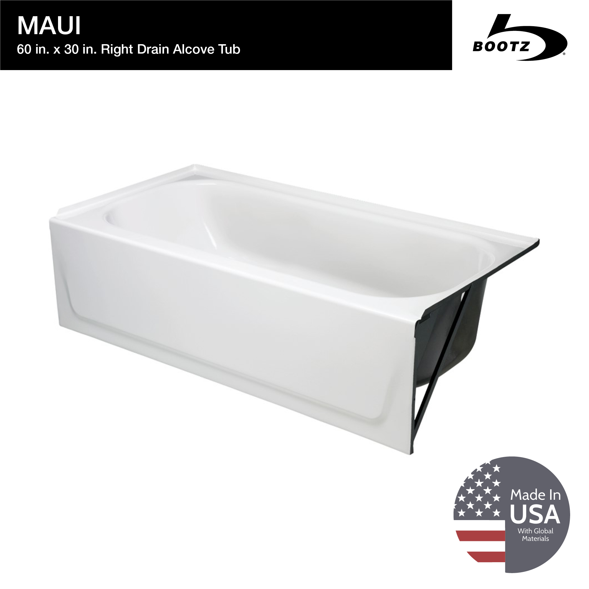 Maui 6030 Porcelain Enamel Alcove Right-Hand Drain Bathtub in White view 9