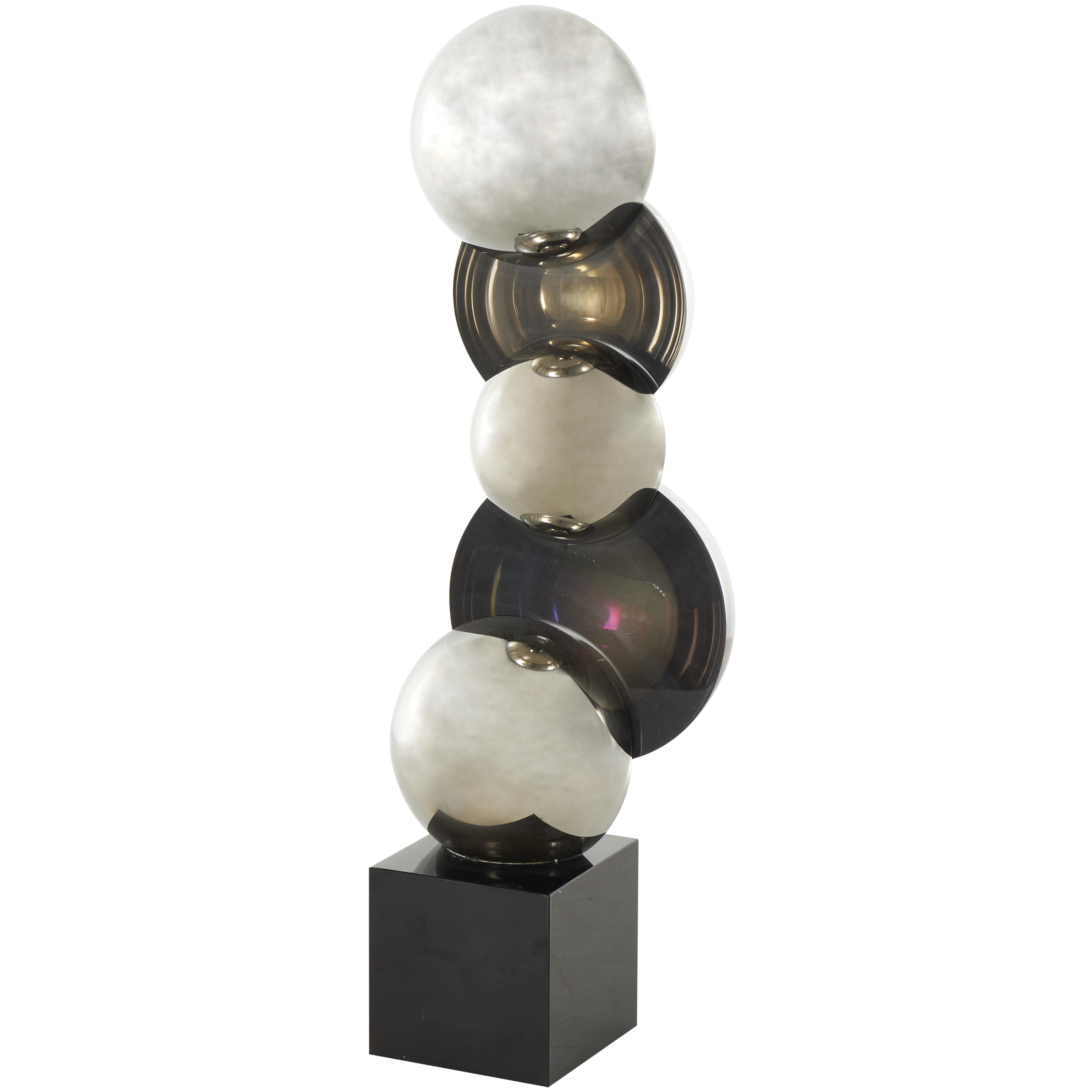 Black Glass Abstract Stacked Orb Decorative Sculpture with Black Base, 5" x 4" x 16"