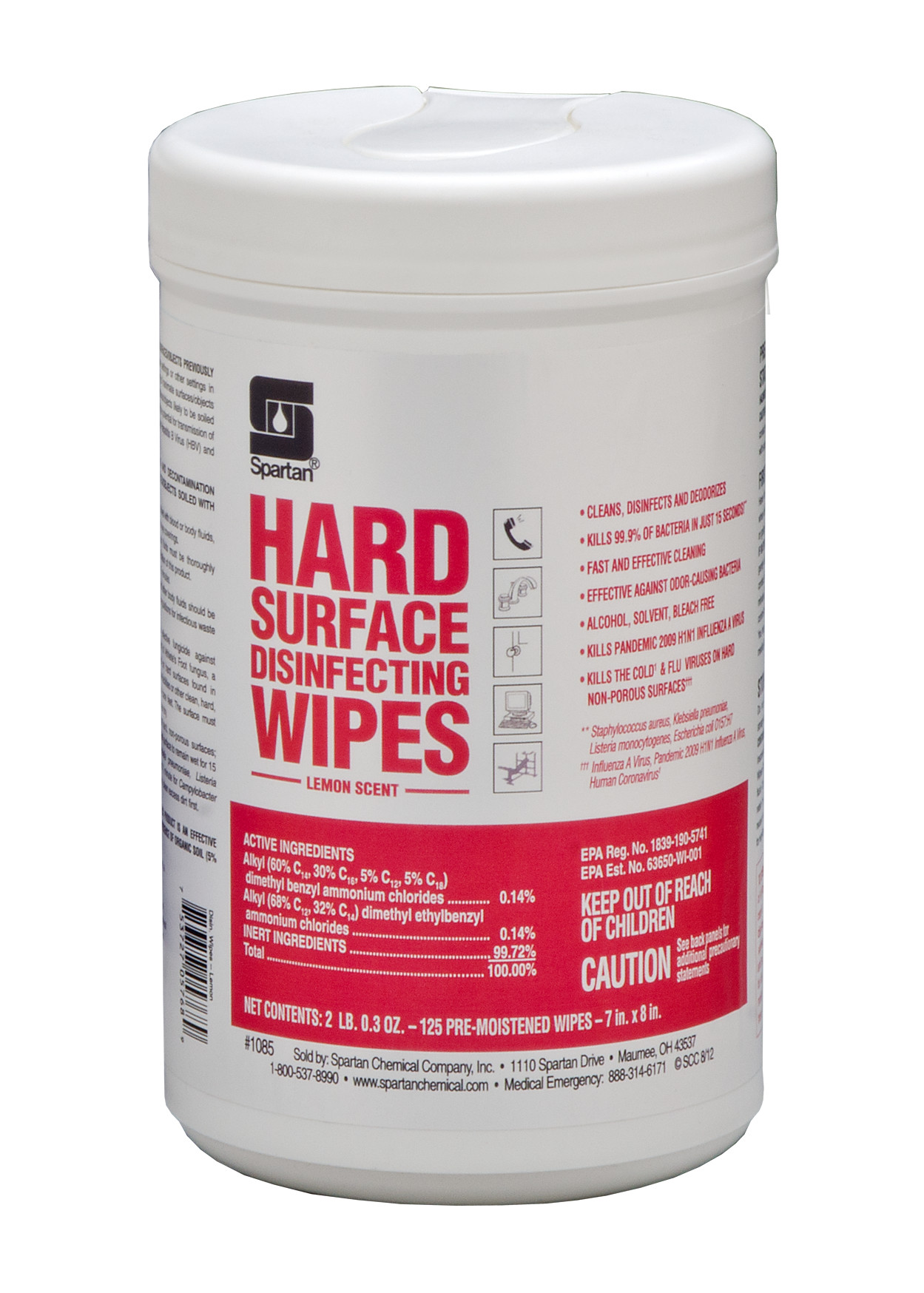 Spartan Chemical Company Hard Surface Disinfecting Wipes (Lemon Scent), 125 Wipes 6/Case