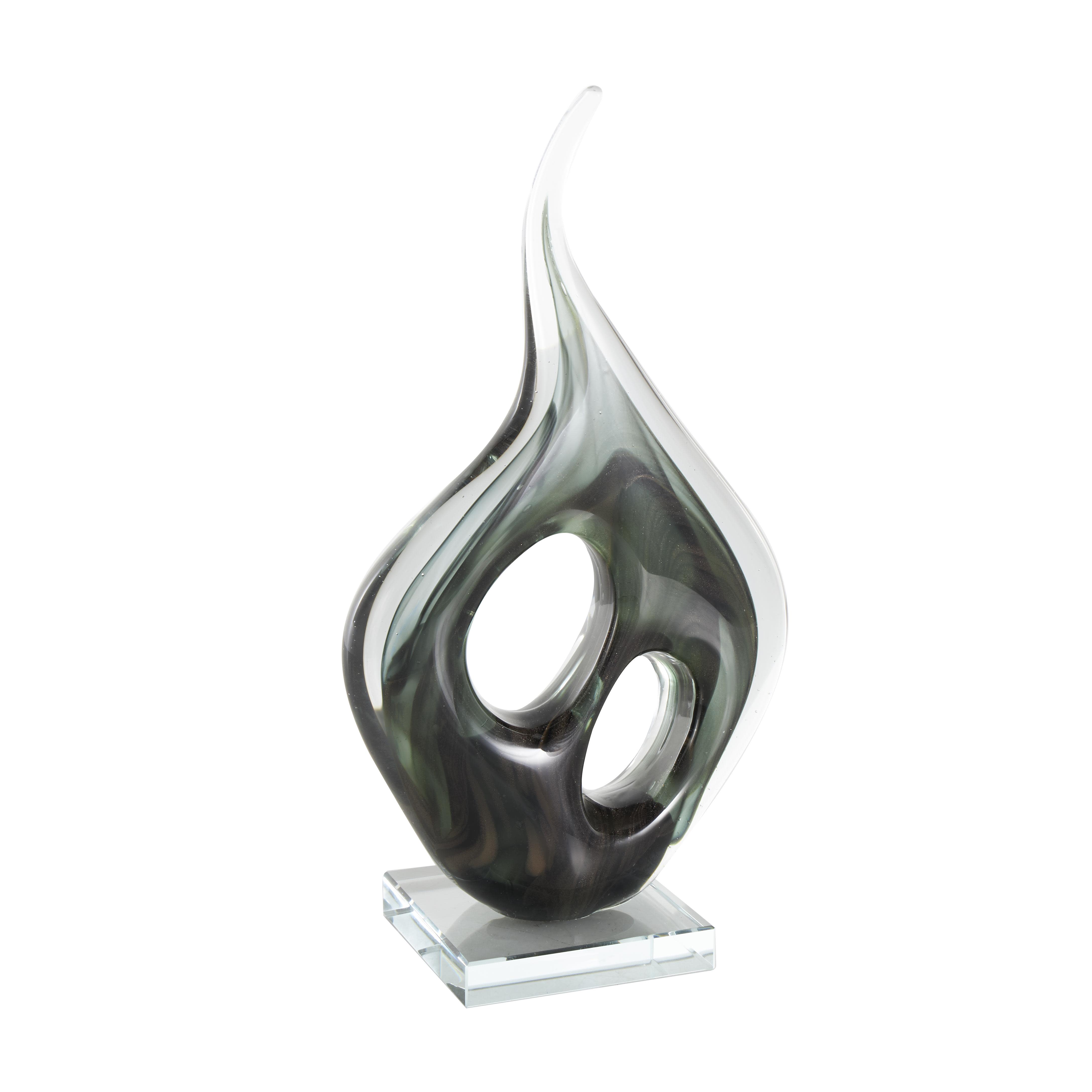 Green Glass Abstract Curved Cutout Decorative Sculpture with Swirl Patterns, 7" x 4" x 13"