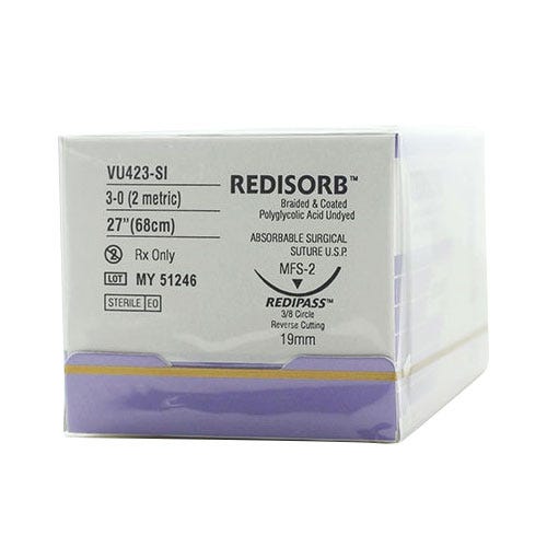 RELI® REDISORB™ Polyglycolic Acid (PGA) Undyed Braided & Coated Suture, 3-0, YFS-2 (C-6), Reverse Cutting, 30" - 12/Box