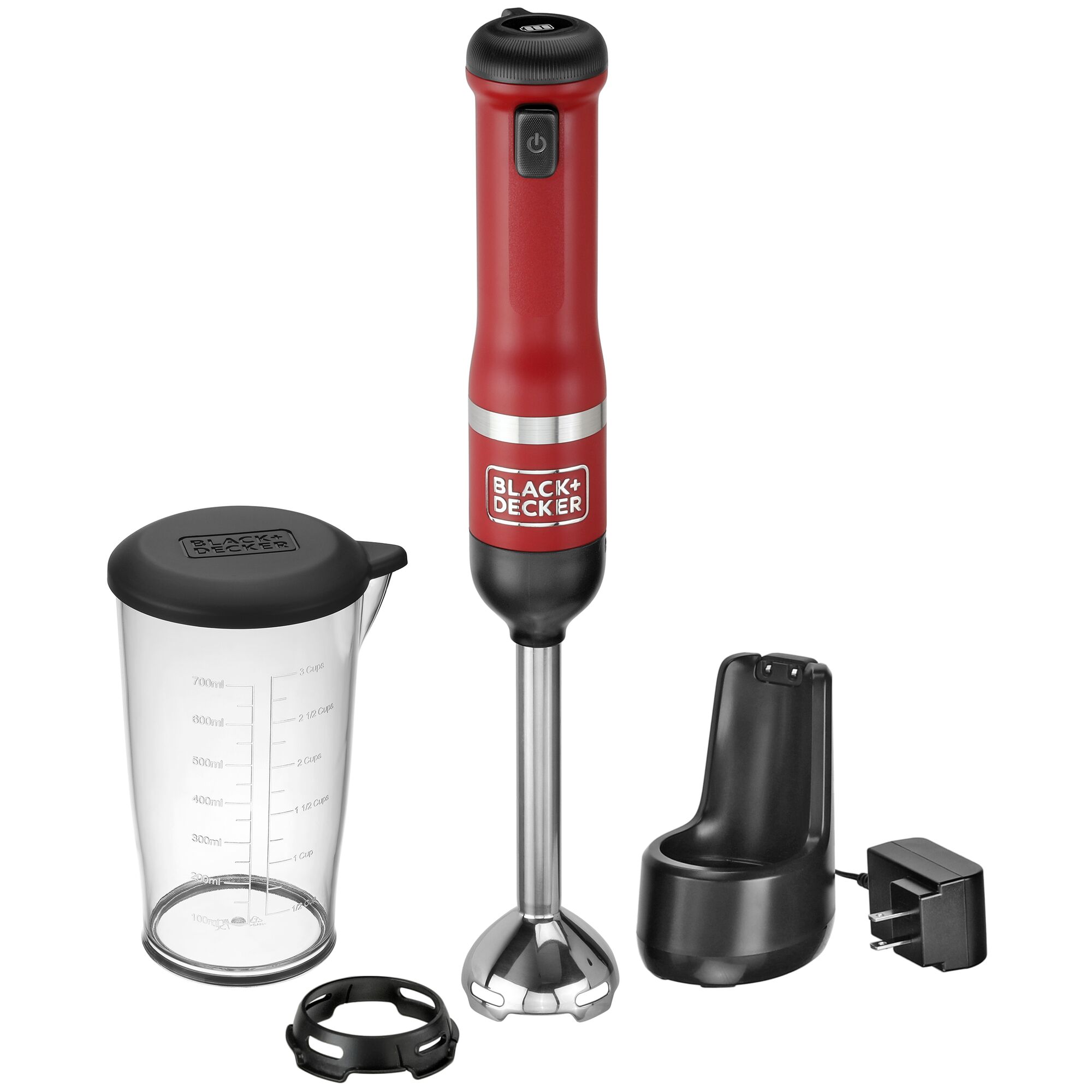 Front view of BLACK+DECKER kitchen wand Cordless Immersion Blender kit in red