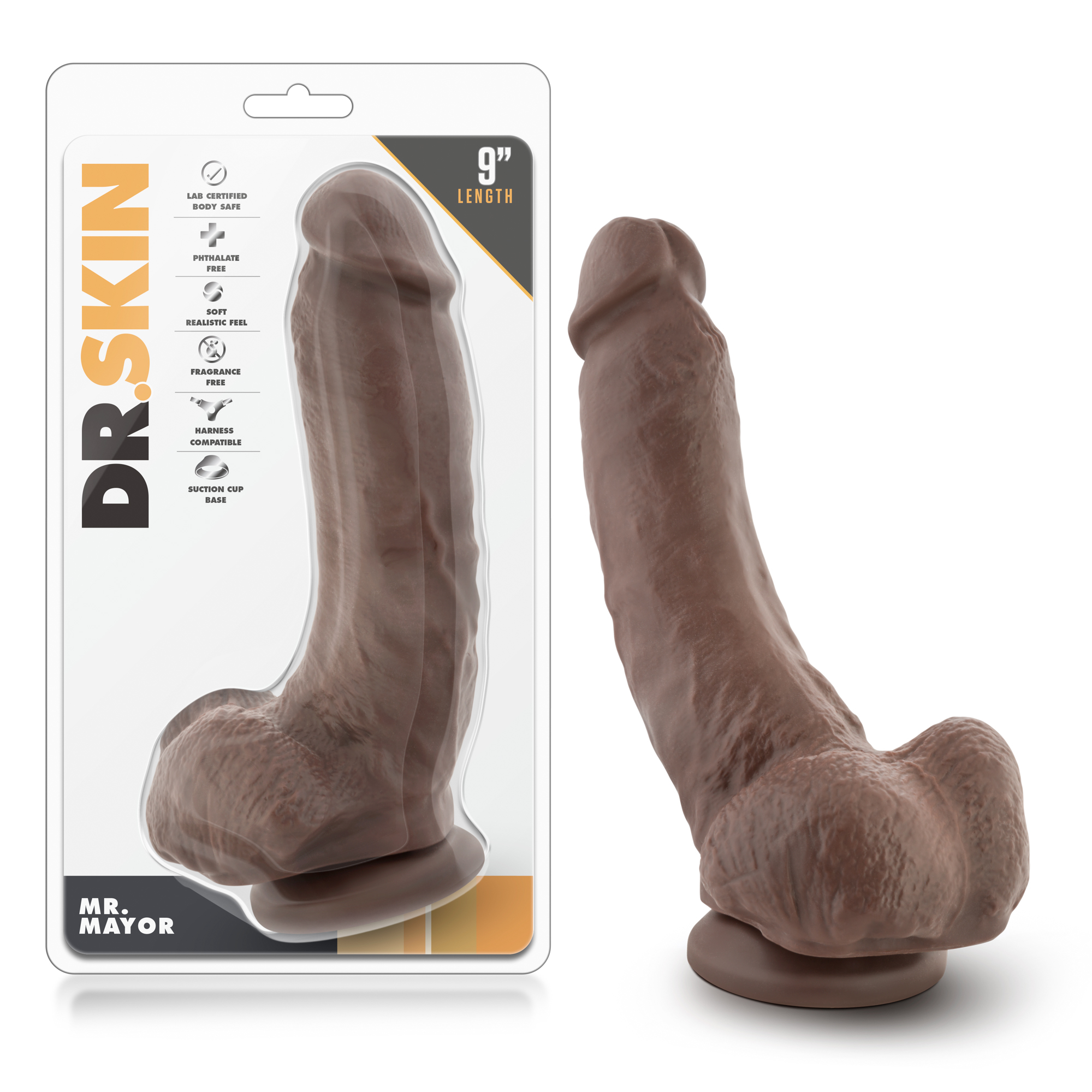 Blush Dr. Skin Mr. Mayor Realistic Curved Chocolate 9-Inch Long Dildo With Balls & Suction Cup Base