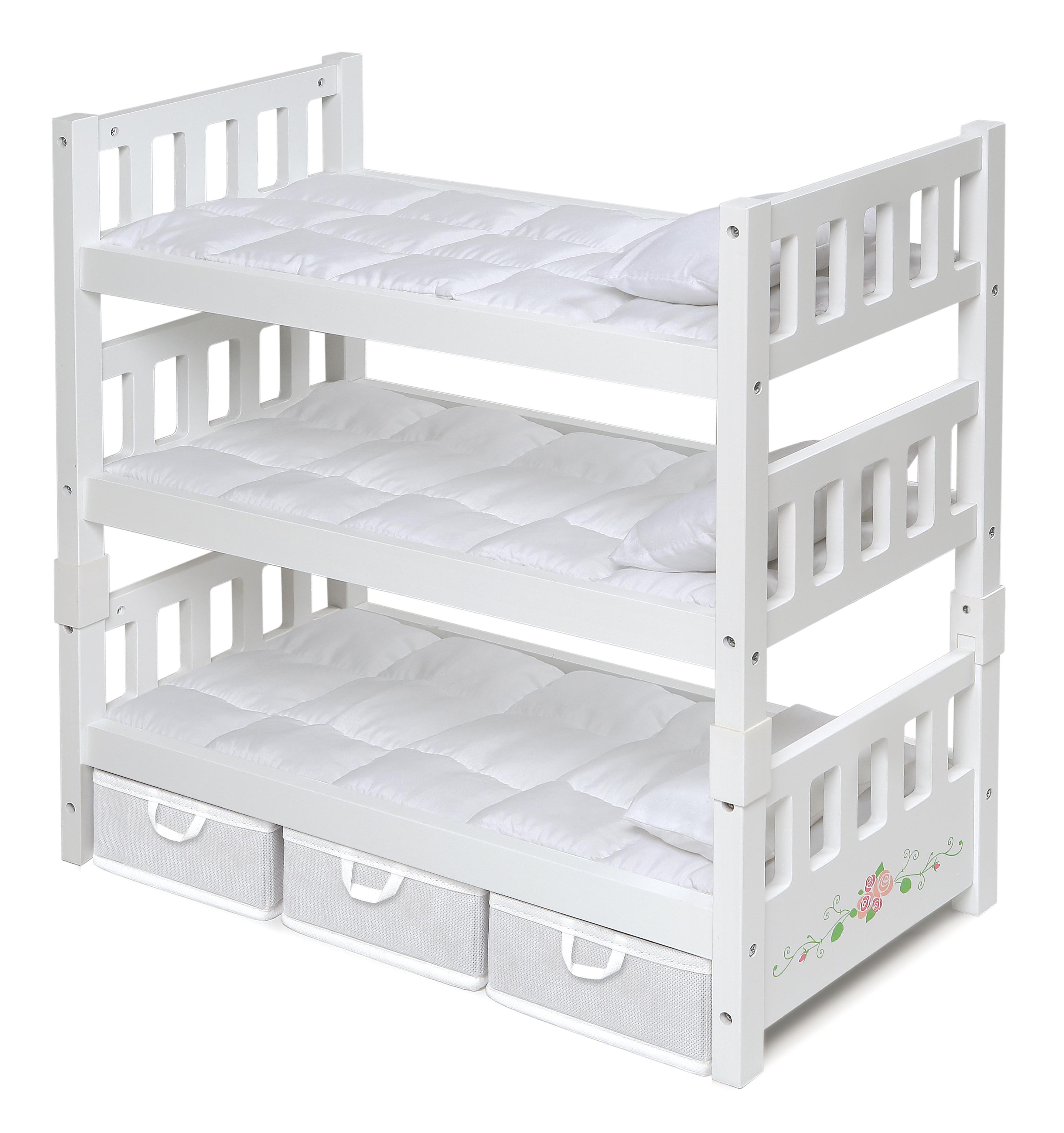 1-2-3 Convertible Doll Bunk Bed with Bedding, Baskets and Free Personalization Kit - White Rose