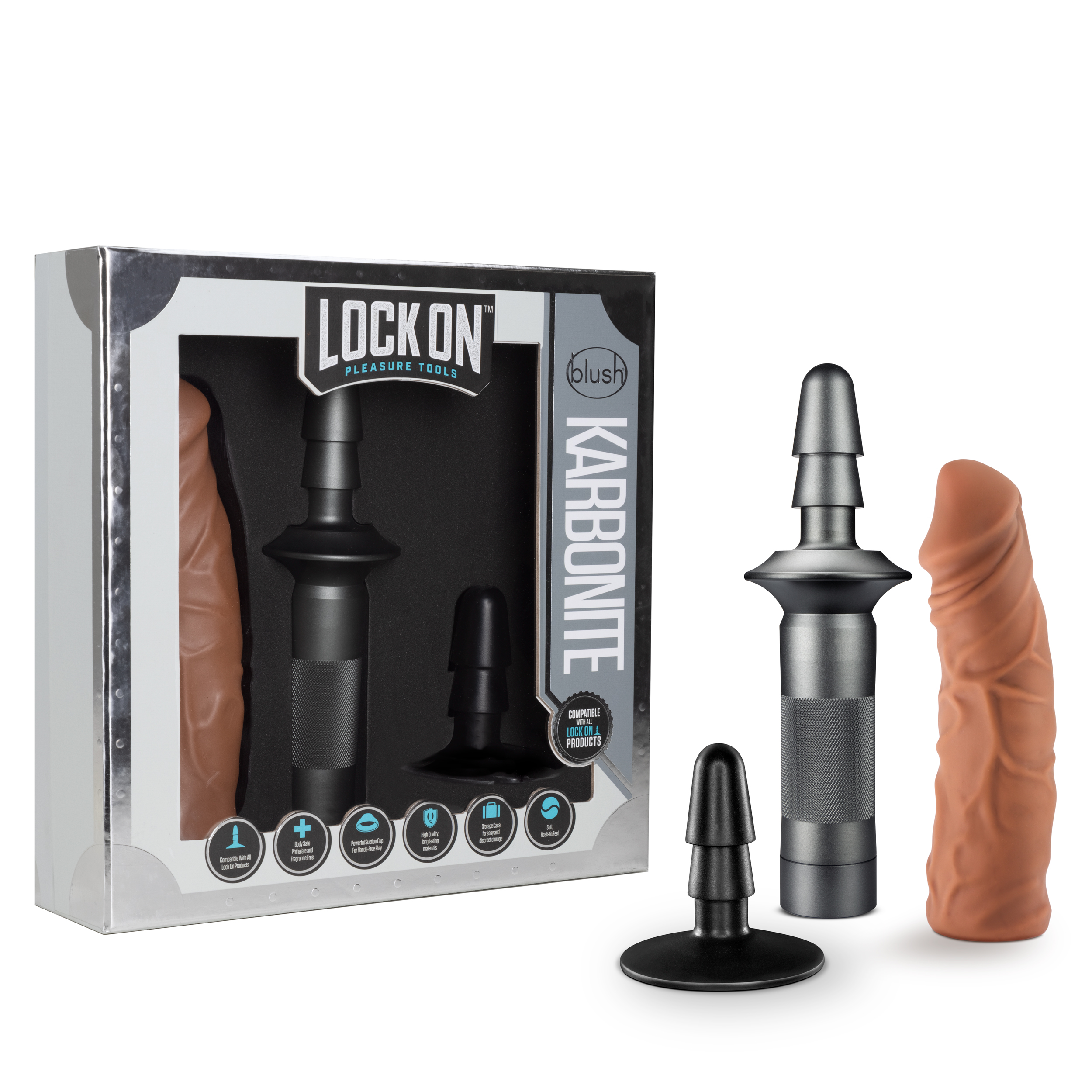 Blush Lock On Karbonite Realistic Mocha 7.75-Inch Long Dildo With Suction Cup Adapter & Handle