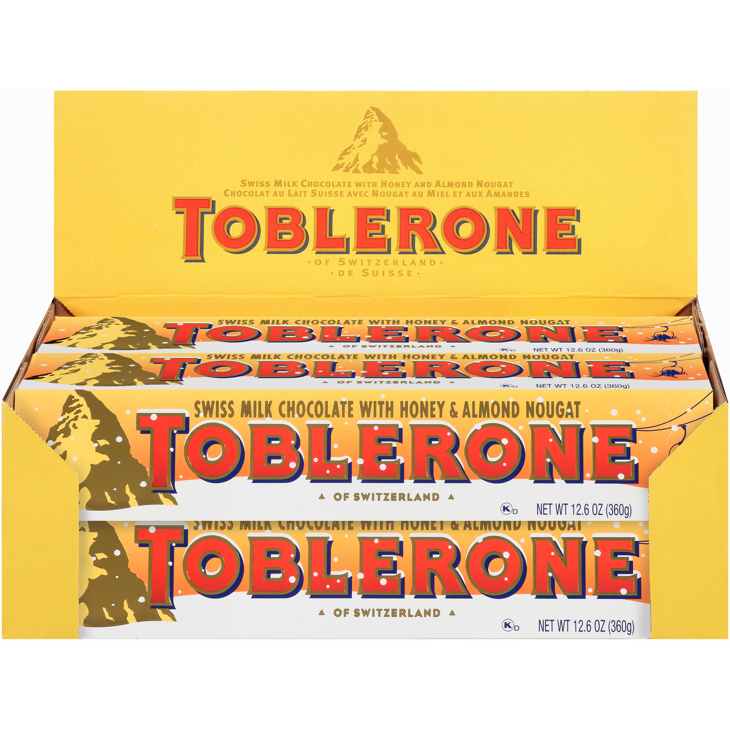 Toblerone Swiss Milk Chocolate with Honey & Almond Nougat, Holiday Chocolate Candy, 10 - 12.6 oz Bars