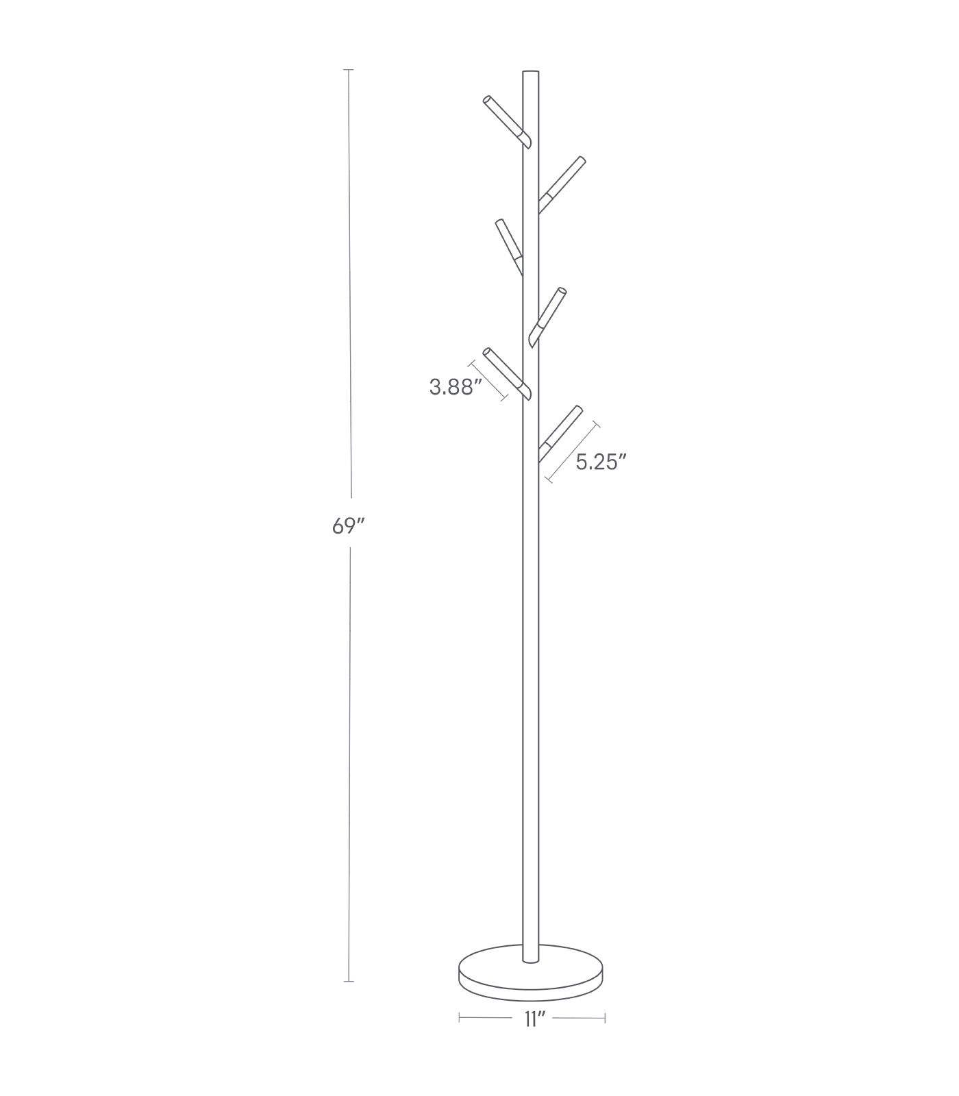 Dimension image for Coat Rack showing base diameter of 11" and height of 69"