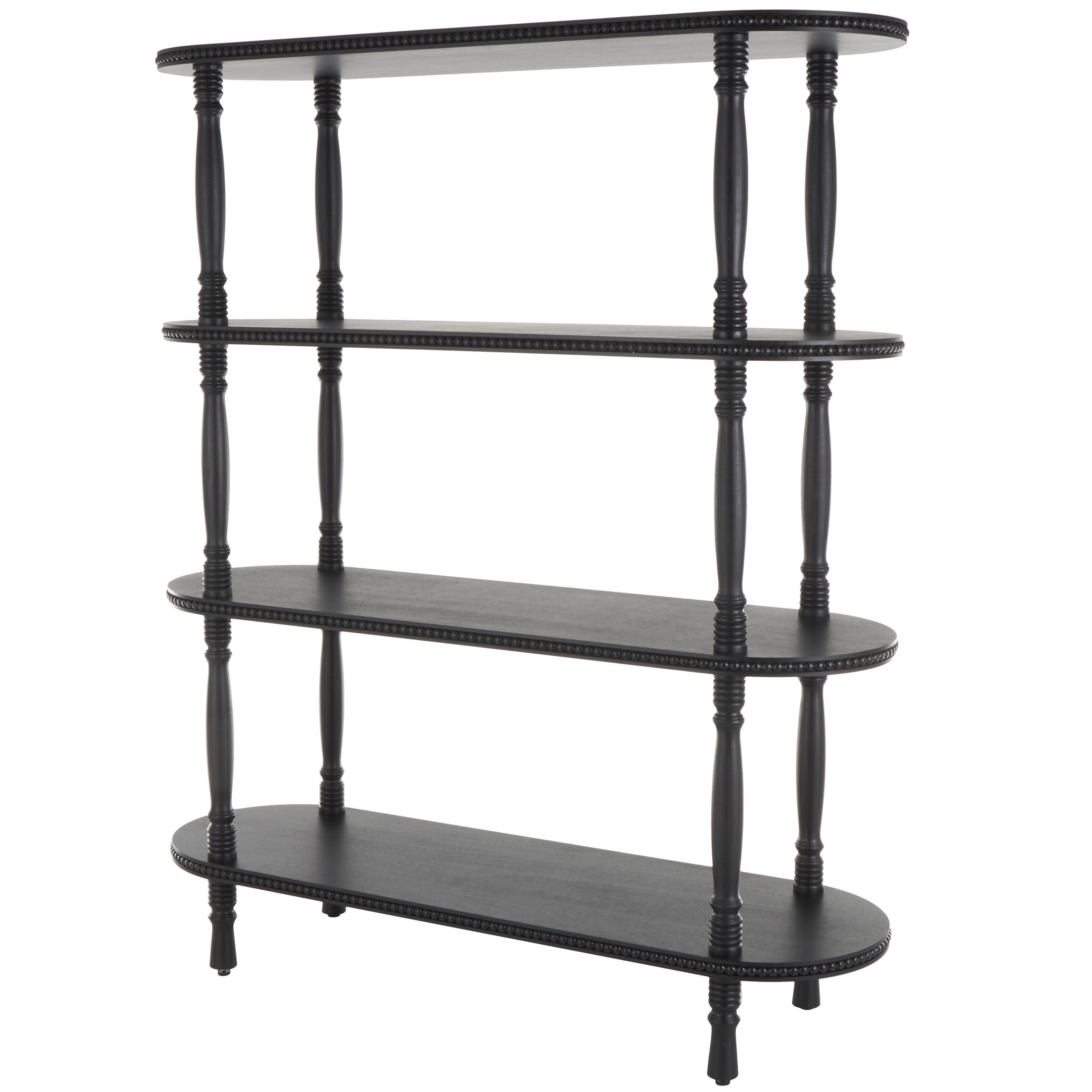 Black Wooden  Oval 3 Shelf Storage Shelving Unit with Turned Legs and Beaded Edges, 47" x 15" x 57"