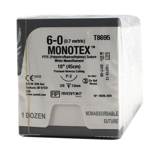 MONOTEX® PTFE (Polytetrafluoroethylene) White Monofilament Non-Absorbable Sutures, 6-0, P-3, Premium Reverse Cutting, 18" - 12/Box