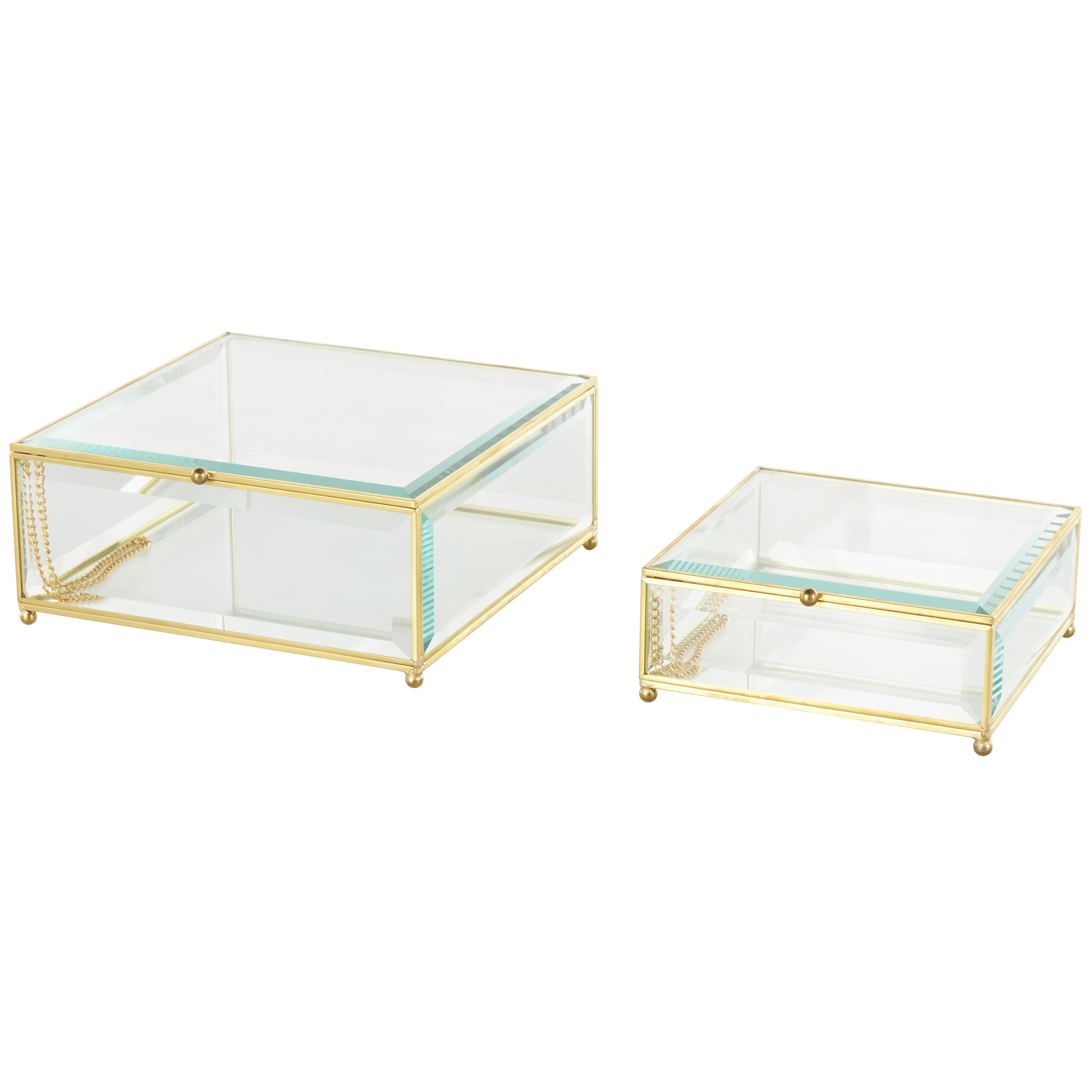 Clear Glass  Beveled Decorative Jewelry Box with Gold Metal Frame and Chain Accent, Set of 2 8", 6"W