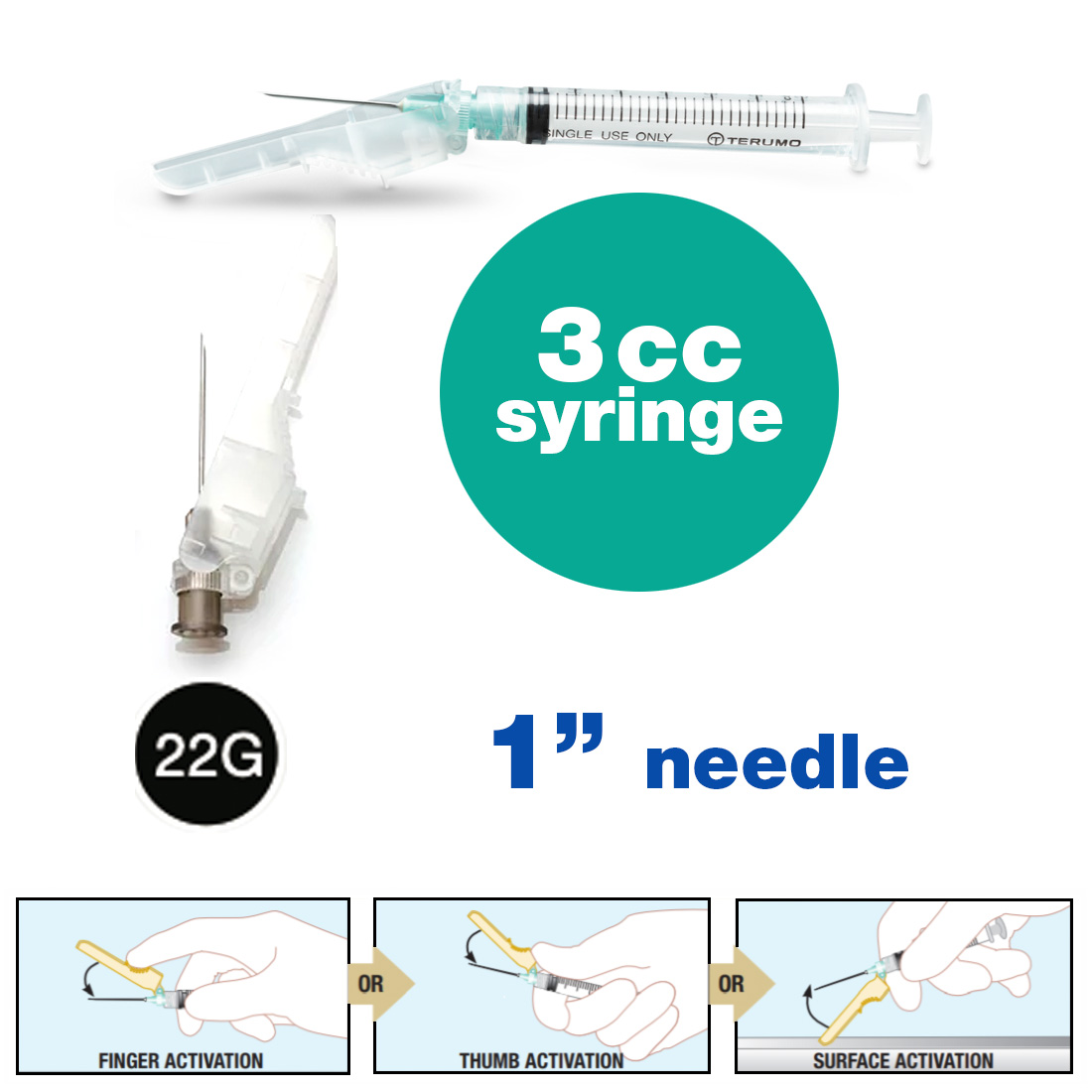 SurGuard® 3 Safety Hypodermic Needle, 3CC Syringe with 22G x 1" Needle - 100/Box