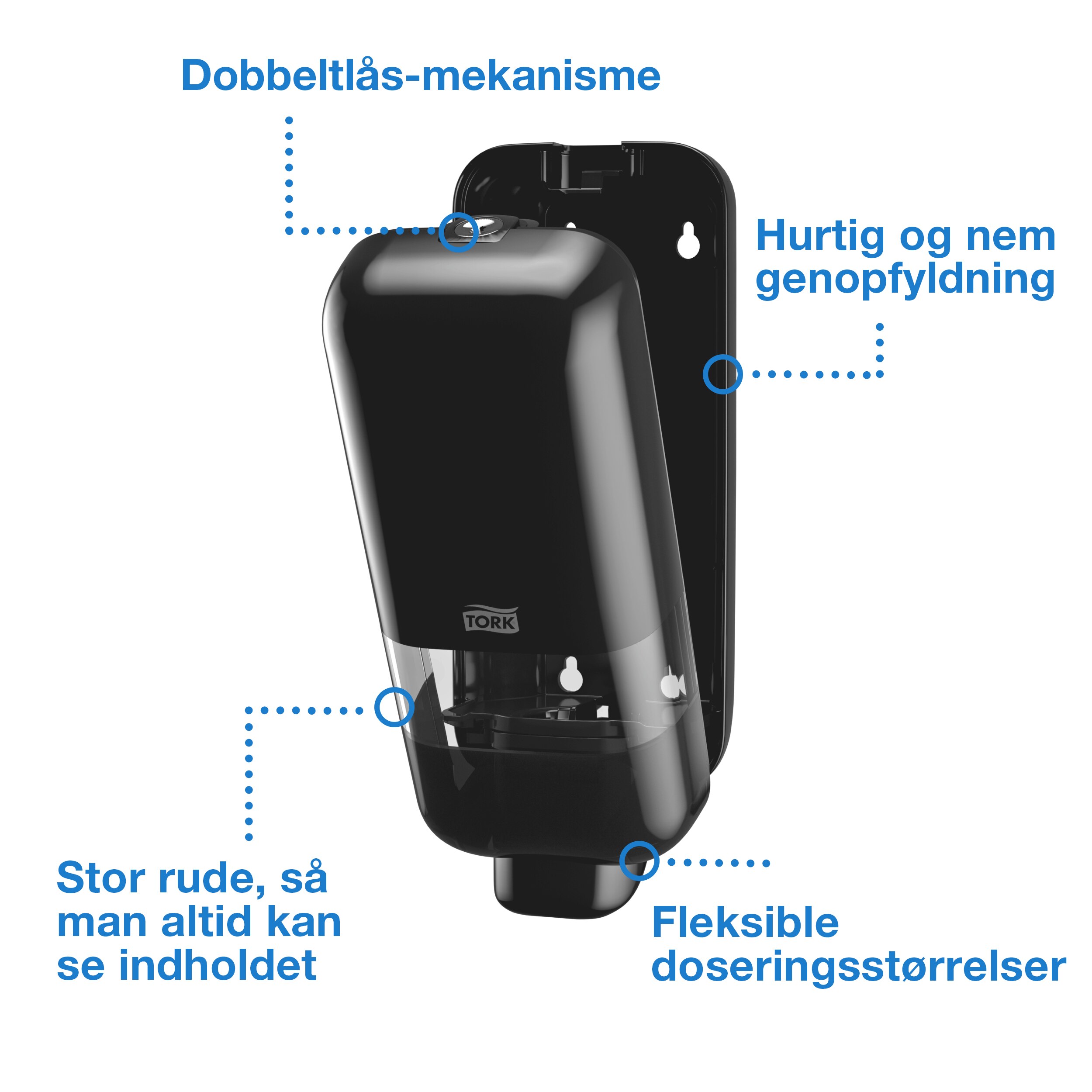 Dispenser, Til sæbe og hånddesinfektion, Trykknap, Sort, 1000 ml refill, Tork S4