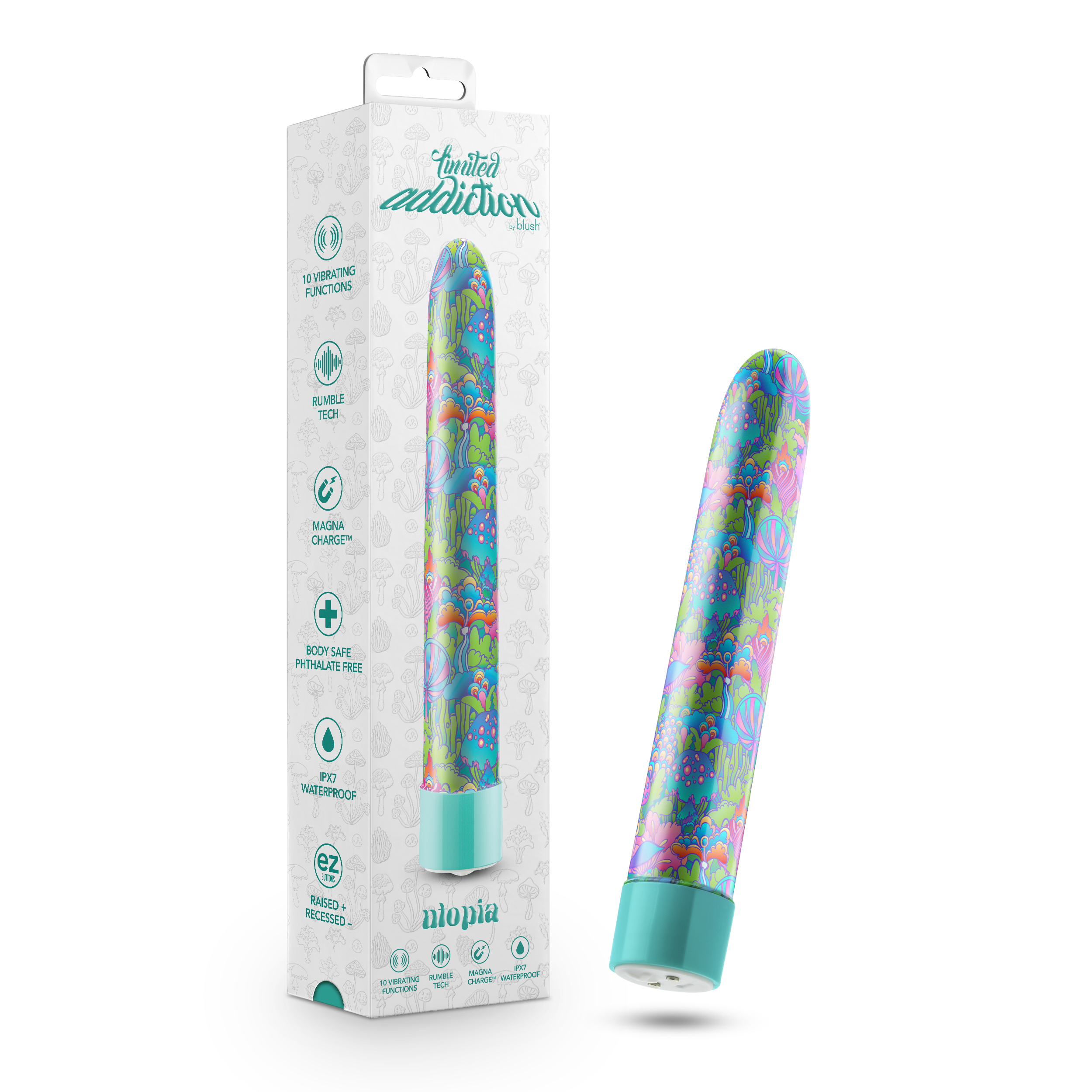 Blush Limited Addiction Utopia 7 Inch Slimline G-Spot Vibrator In Aqua - 10 RumbleTech Vibration Modes