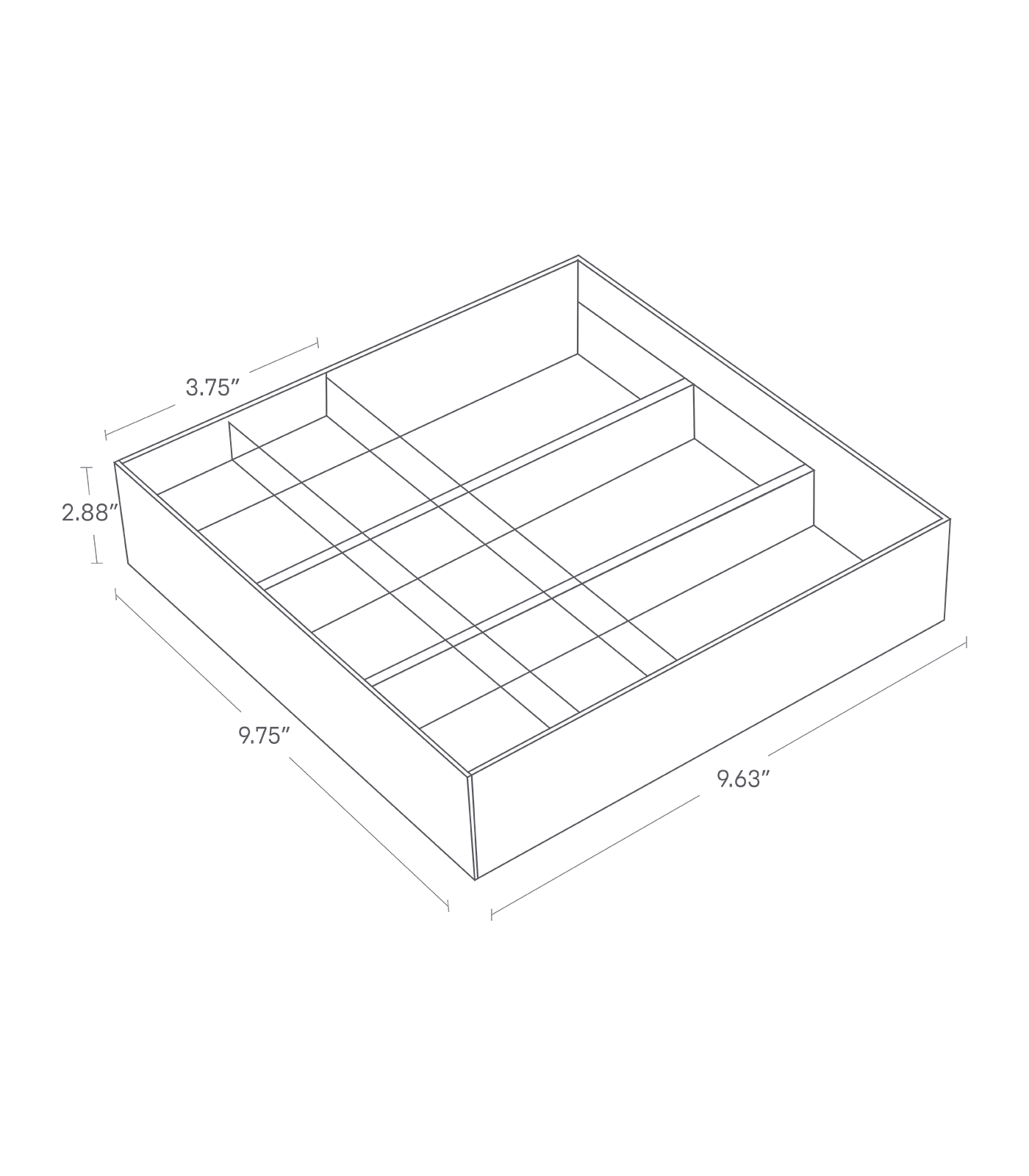 Dimension image for Cutlery Organizer - Three Styleson a white background showinglength of 9.75 ", width of 9.63 ", height of 2.88 " tray with two dividers, providing 3.75 " of space.