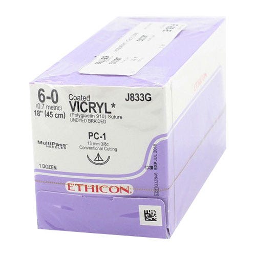 VICRYL® Undyed Braided & Coated Sutures, 6-0, PC-1, Precision Cosmetic-Conventional Cutting PRIME, 18" - 12/Box