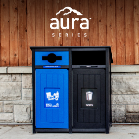 double mixed recyclables and waste bin made from recycled plastic lumber outside at a community park building