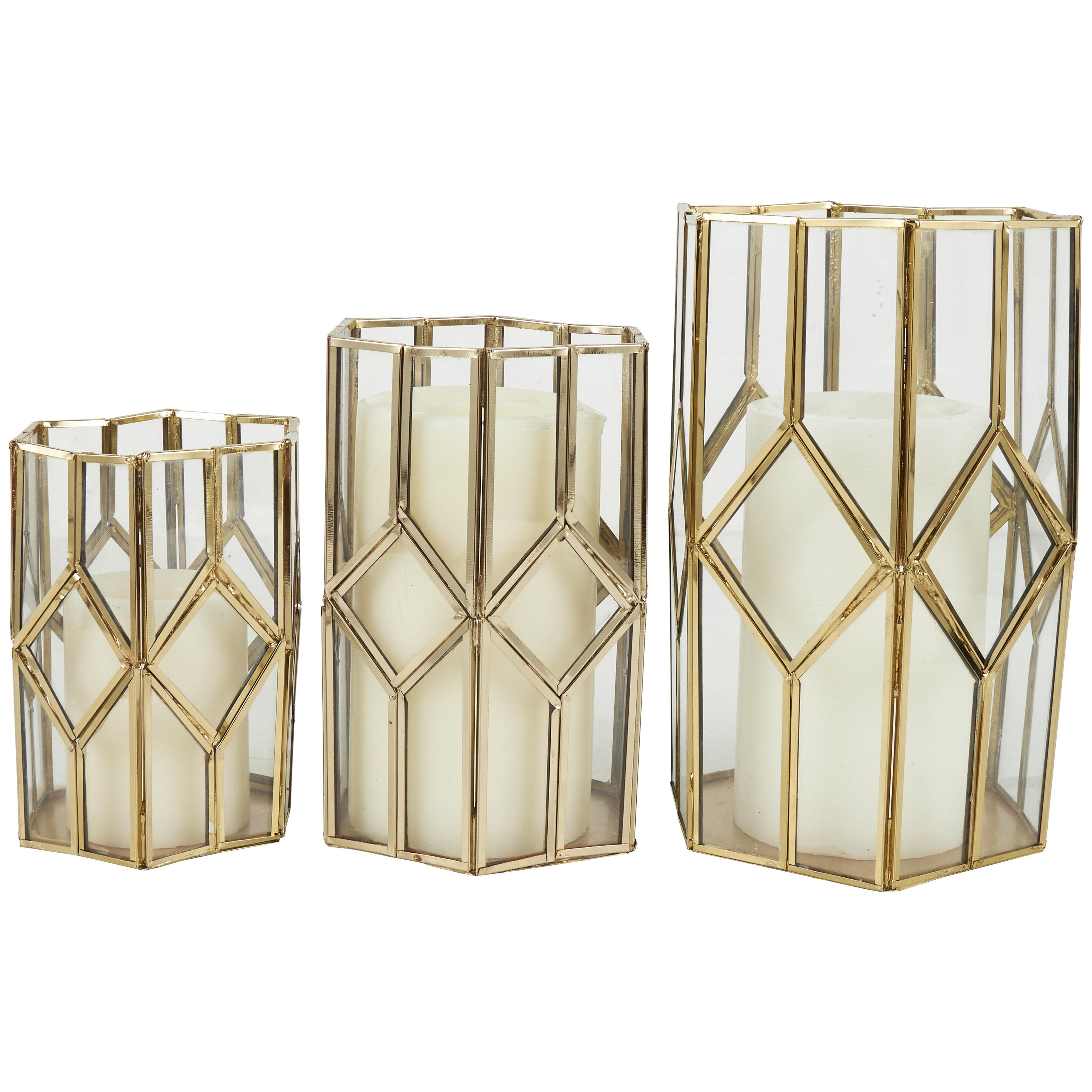 cosmoliving by cosmopolitan gold metal geometric diamond patterned hexagon indoor outdoor candle lantern with clear glass, set of 3 10", 8", 7"h