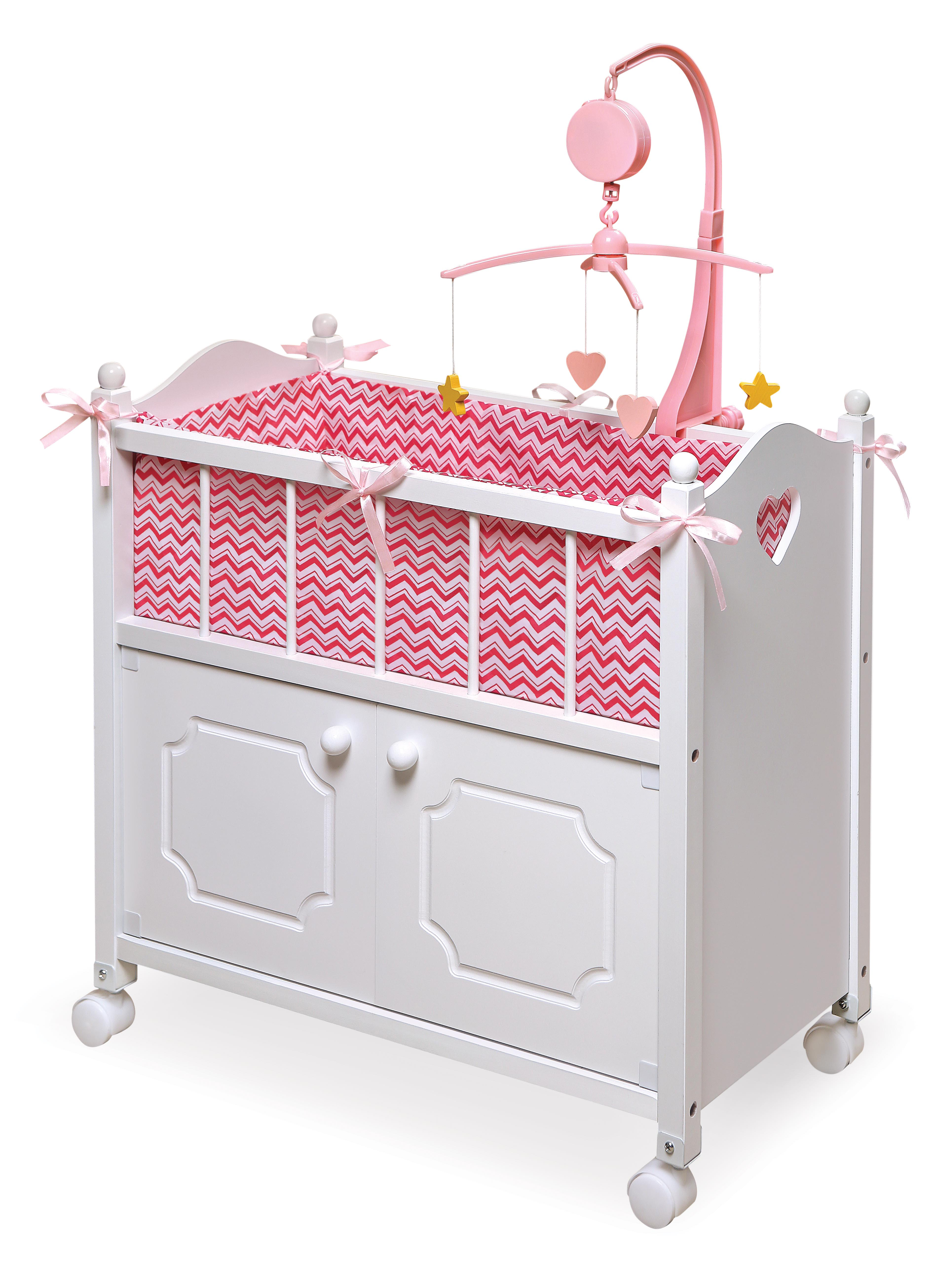 Cabinet Doll Crib with Chevron Bedding and Free Personalization Kit - White/Pink