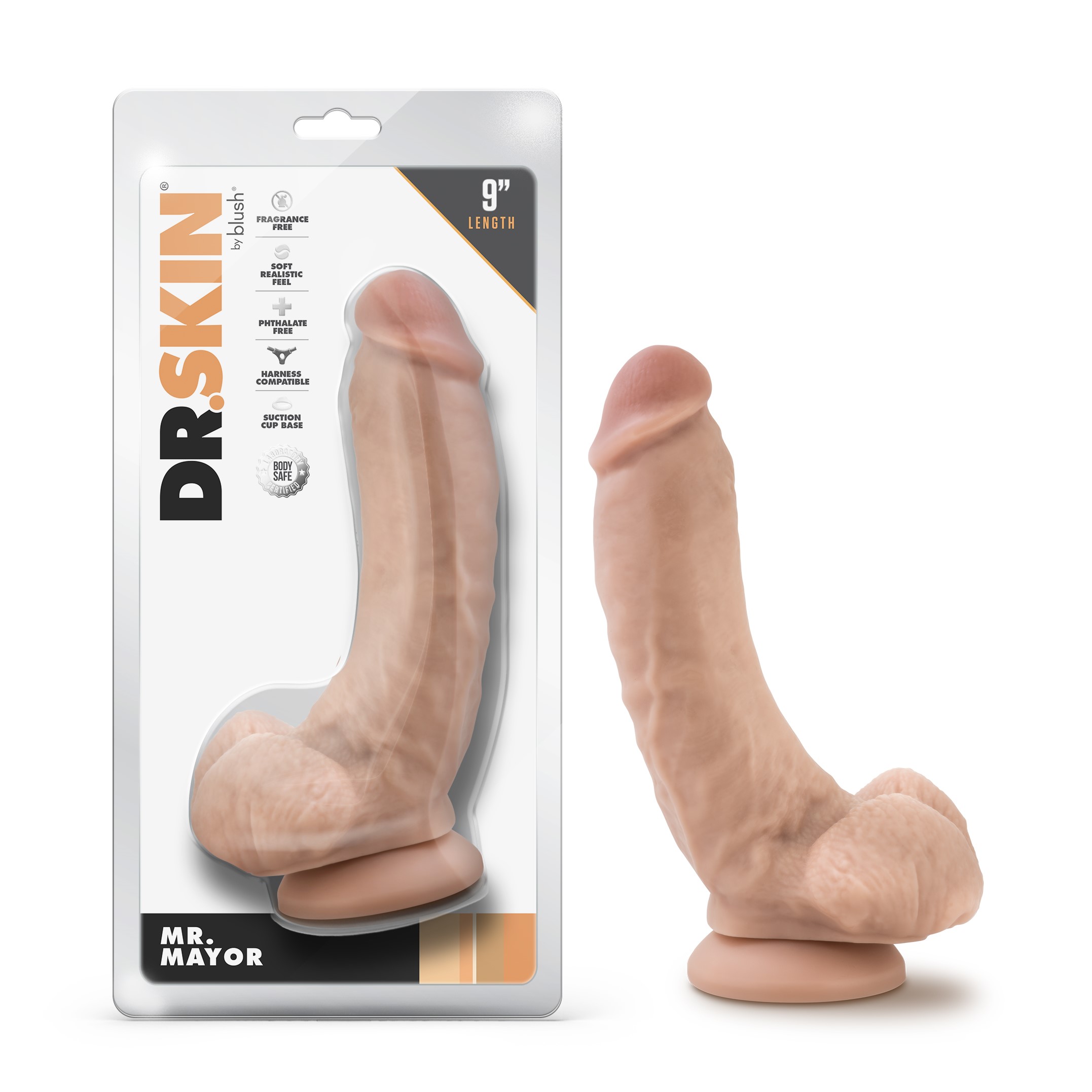 Blush Dr. Skin Mr. Mayor 9 Inch Long Dildo with Suction Cup & Balls Beige