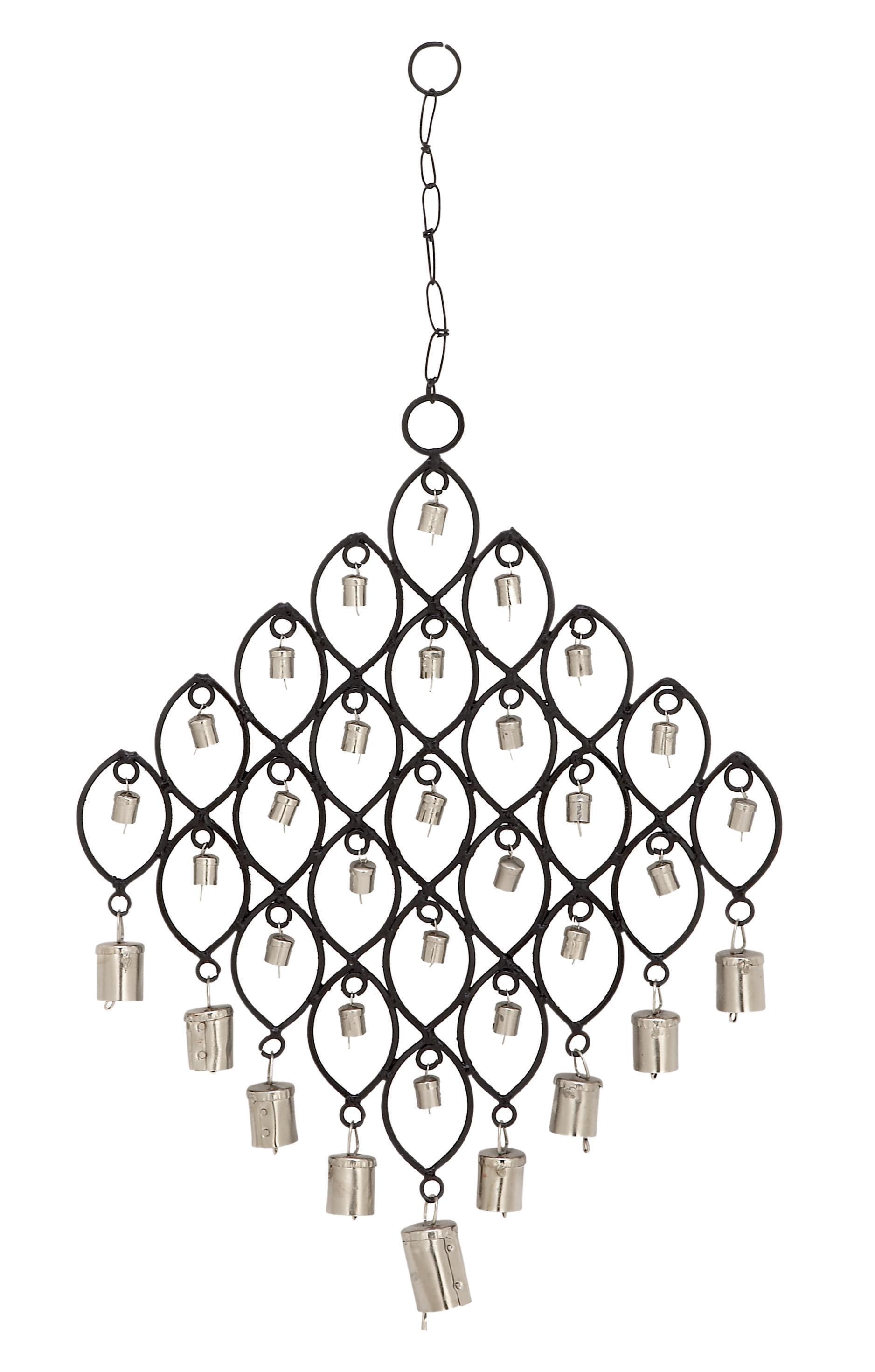 Black Metal  Indoor Outdoor Windchime with Bells and Chain Ring Hanger, 13" x 1" x 24"