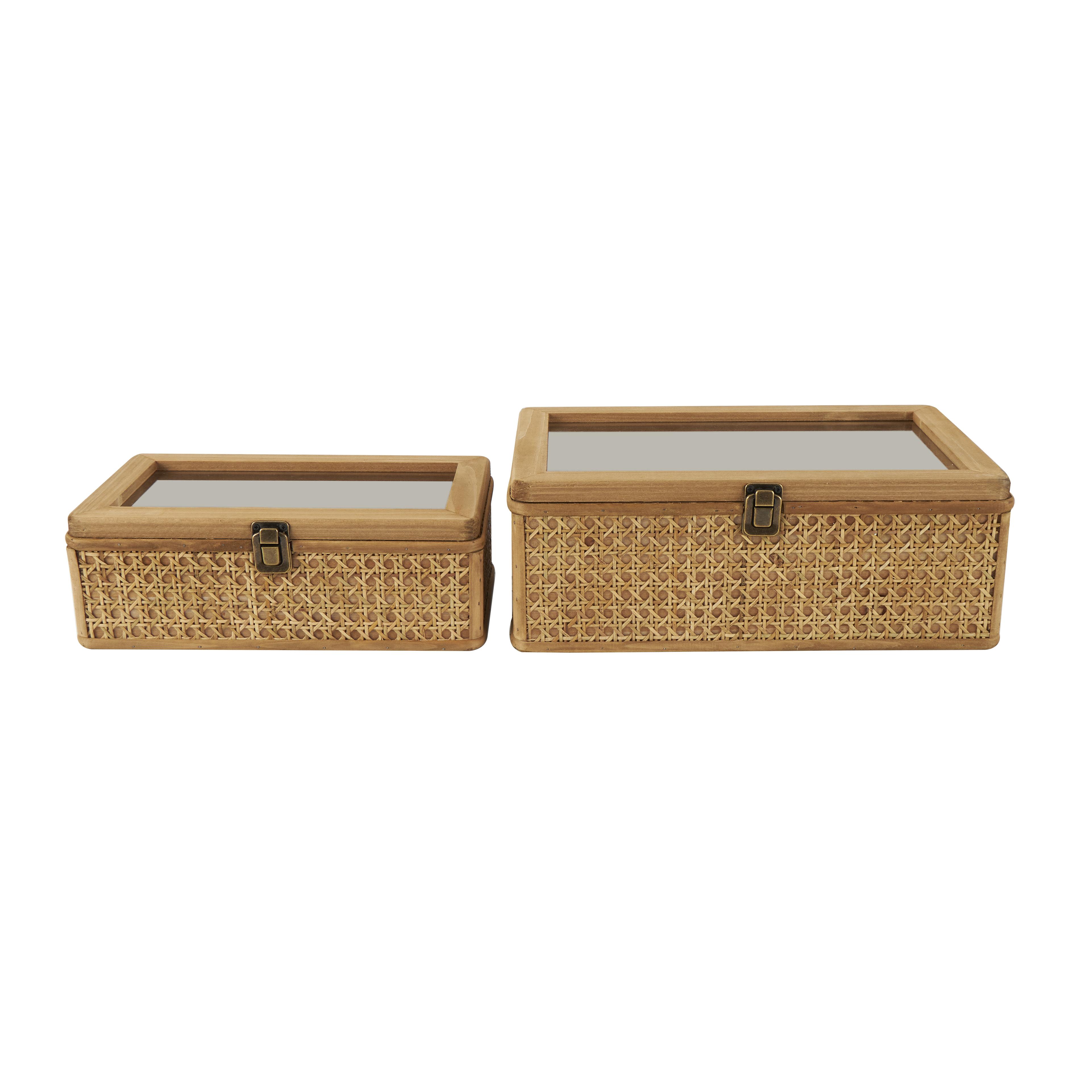 Brown Rattan  Handmade Woven Rattan Decorative Box with Glass Tops and Bronze Latches, Set of 3 15", 12"W