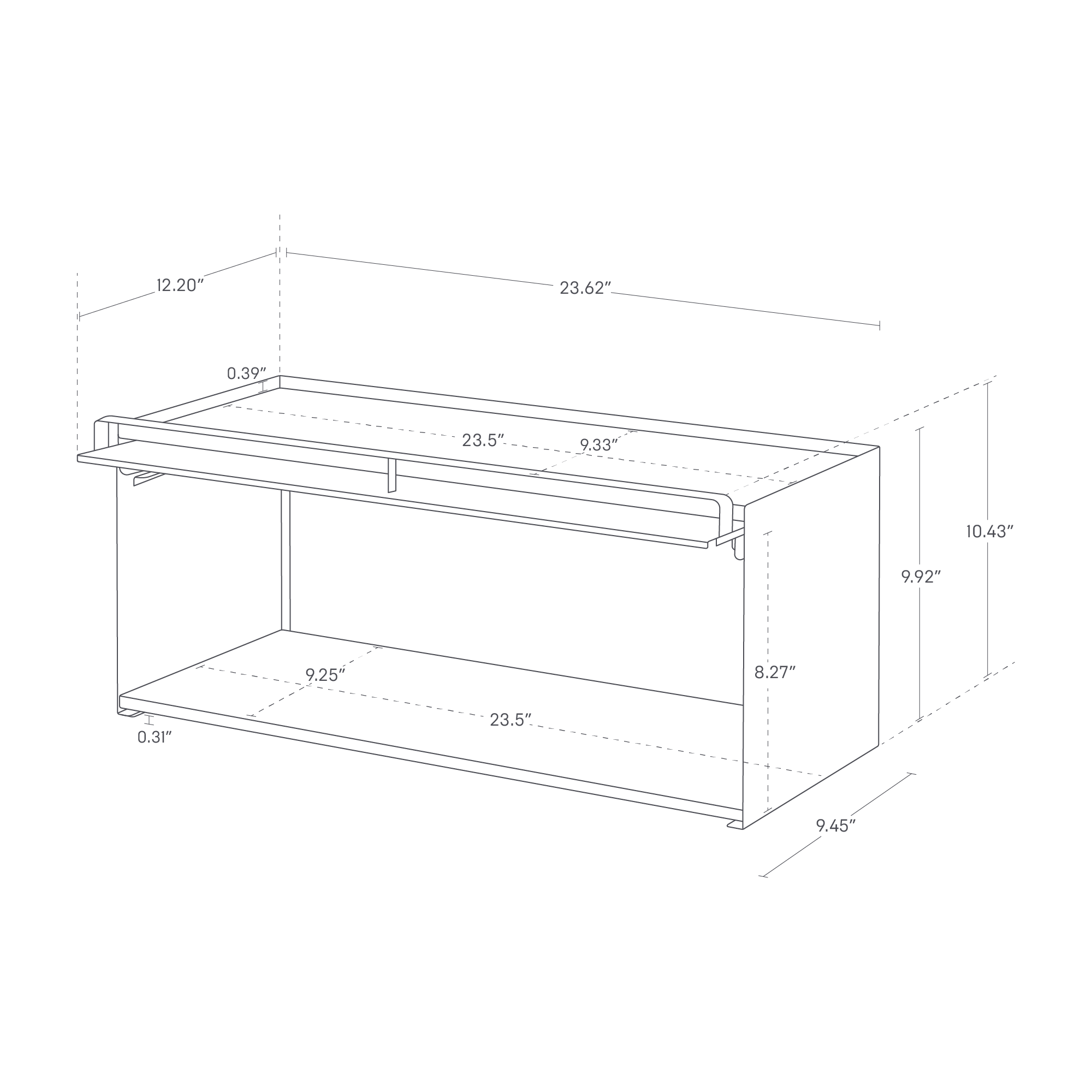 A dimensions image of the storage rack featuring the dimensions L 10.51 x W 23.62 x H 9.92 inches.