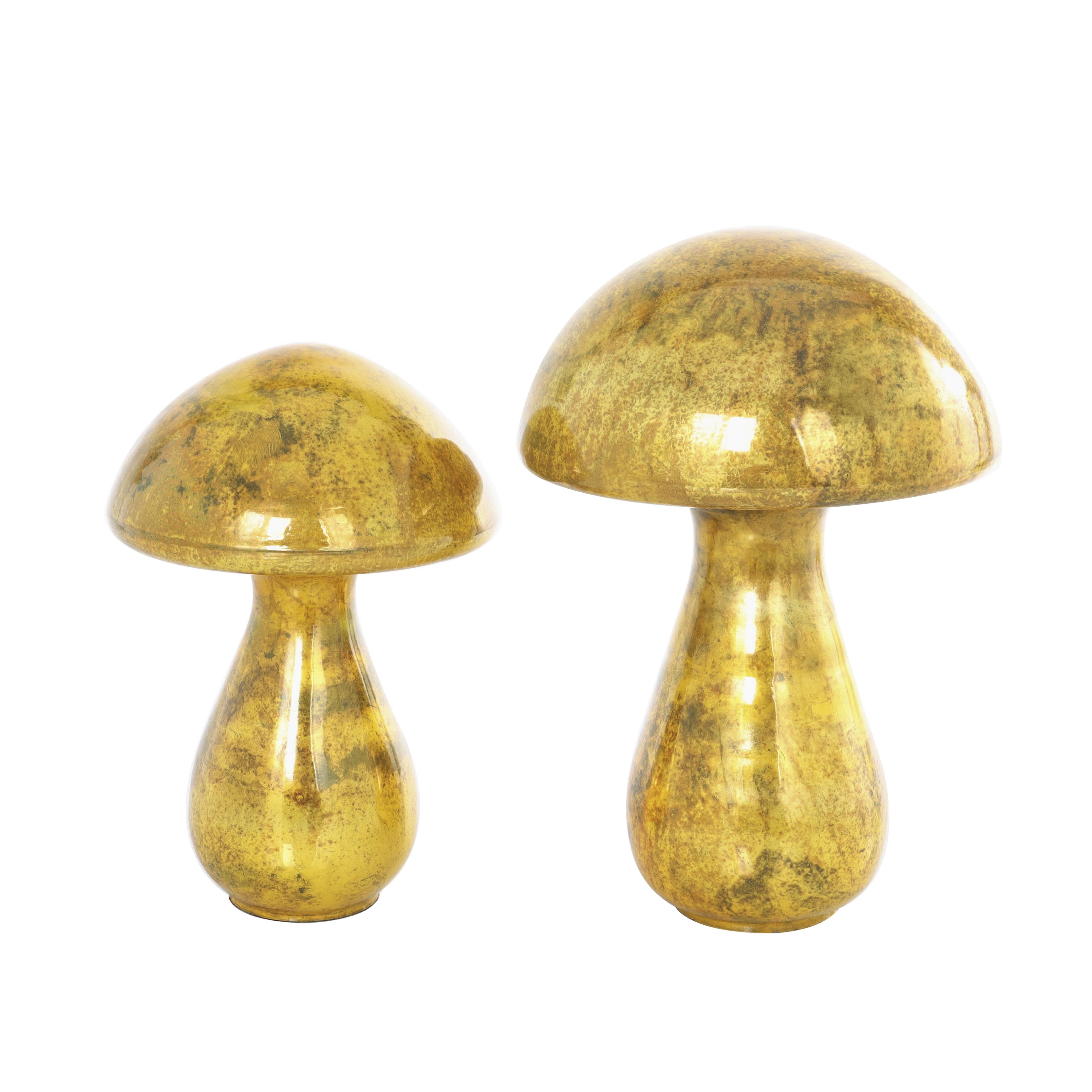 The Novogratz Gold Glass Mushroom Handmade Weathered Decorative Sculpture, Set of 2 12", 10"H
