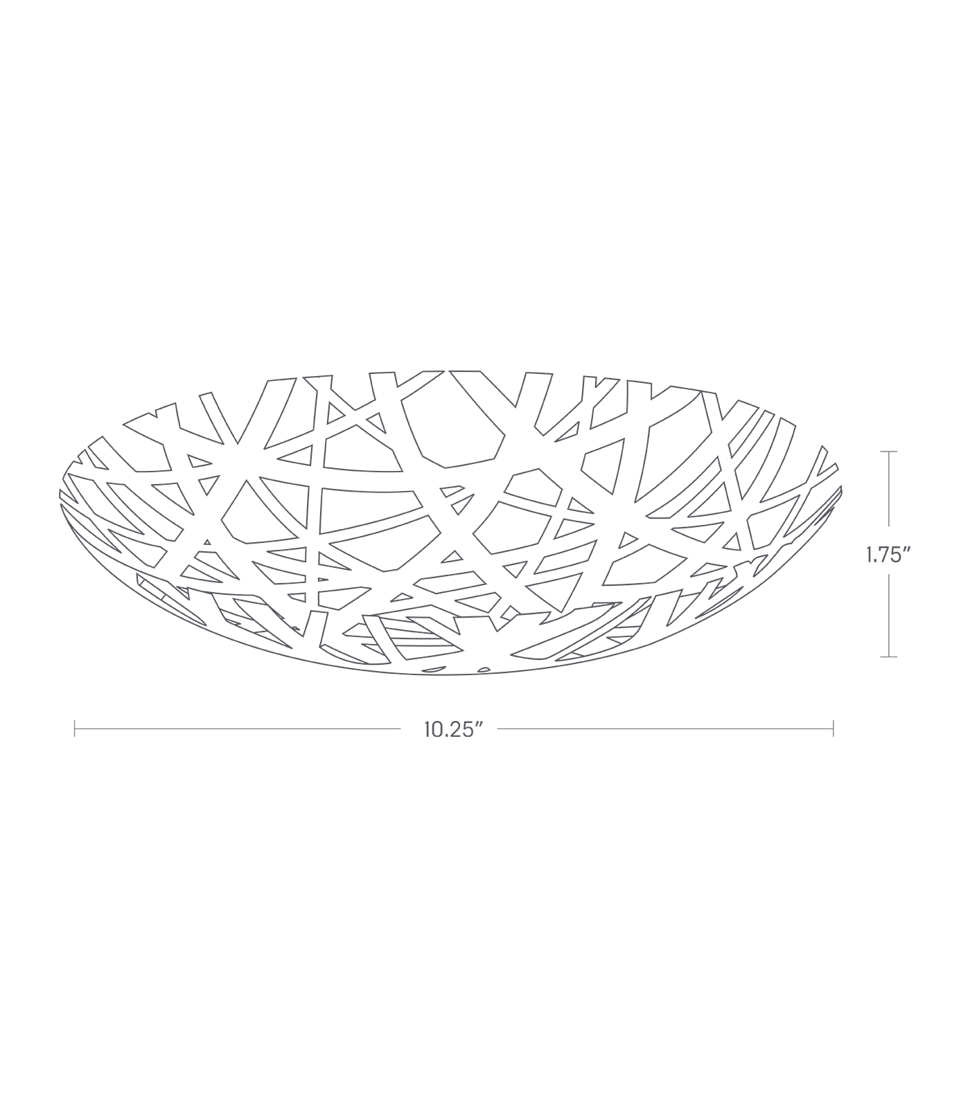 Dimenision image for Fruit Bowlon a white background showing total width and length of 10.25", height of 1.75".