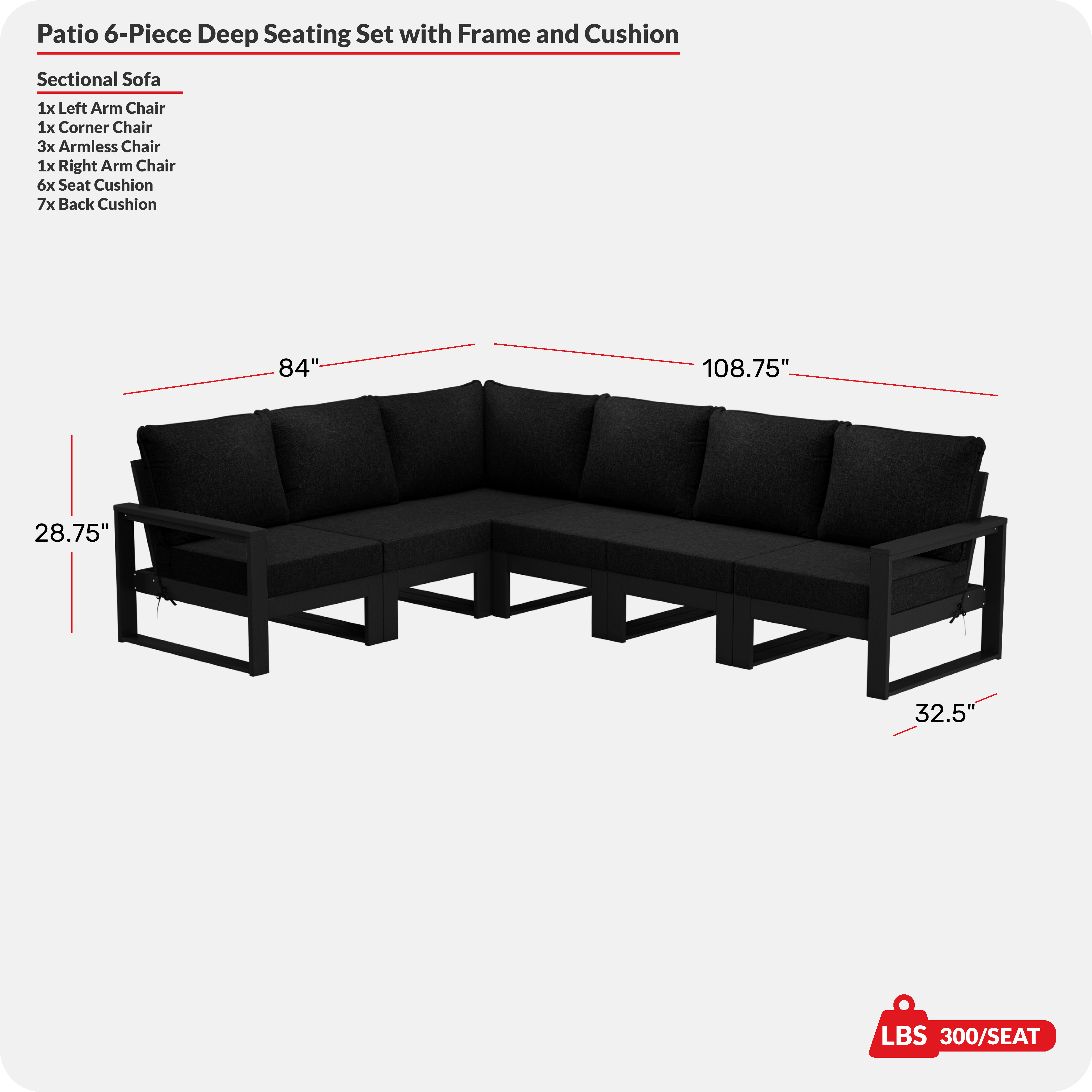 6-Piece Outdoor L-Shaped Patio Corner Sectional Sofa Conversation SetCOS Spec Image