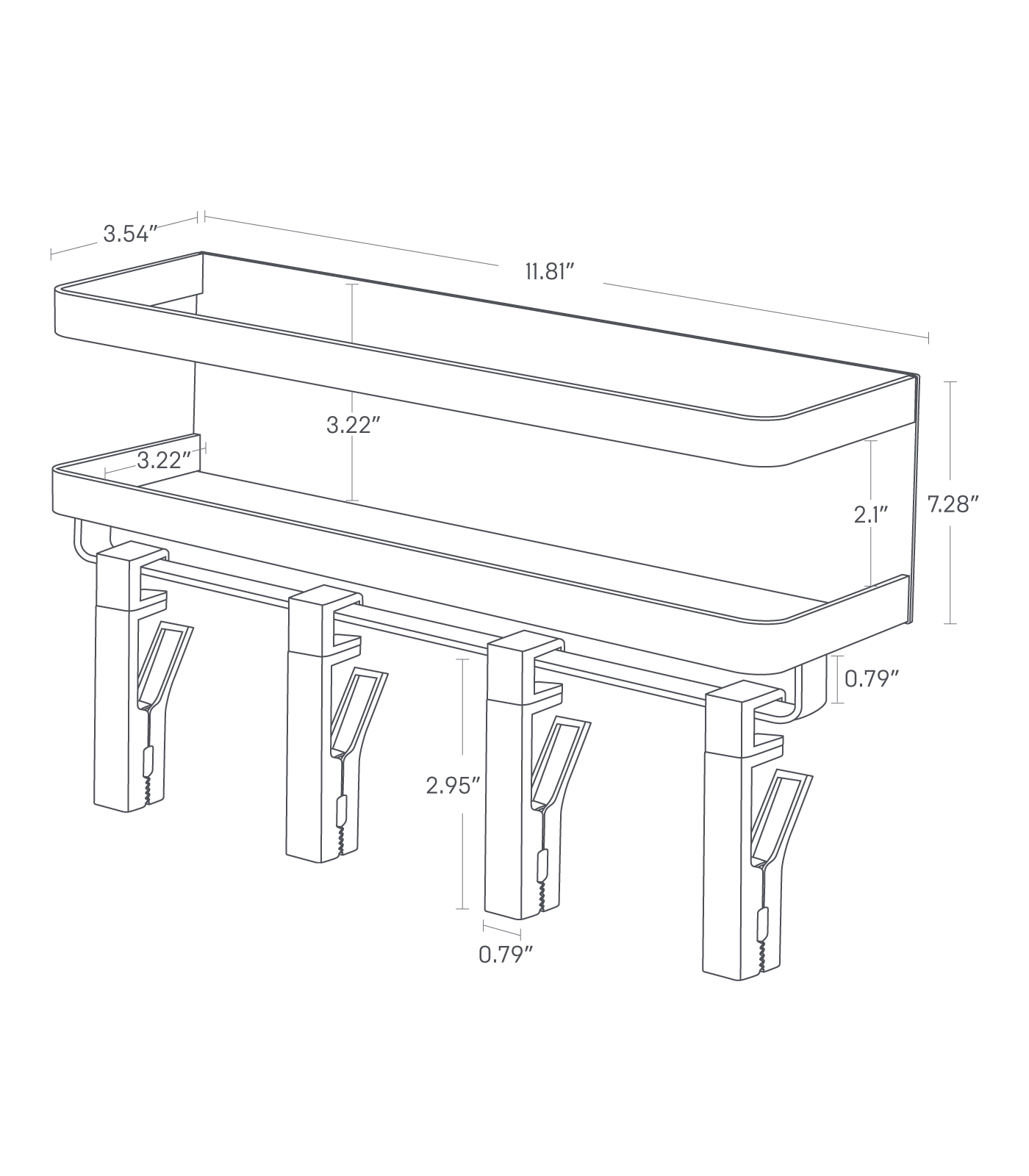 TOWER Magnetic Organizer with clips. Overall length (including clips) 11.02 inches, width 11.81 inches. Shelf 7.28 inches in height, 11.81 inches long, 3.54 inches wide. Hanging bar for clips 0.79 inches long. Clips 0.79 inches wide and 2.95 inches long.